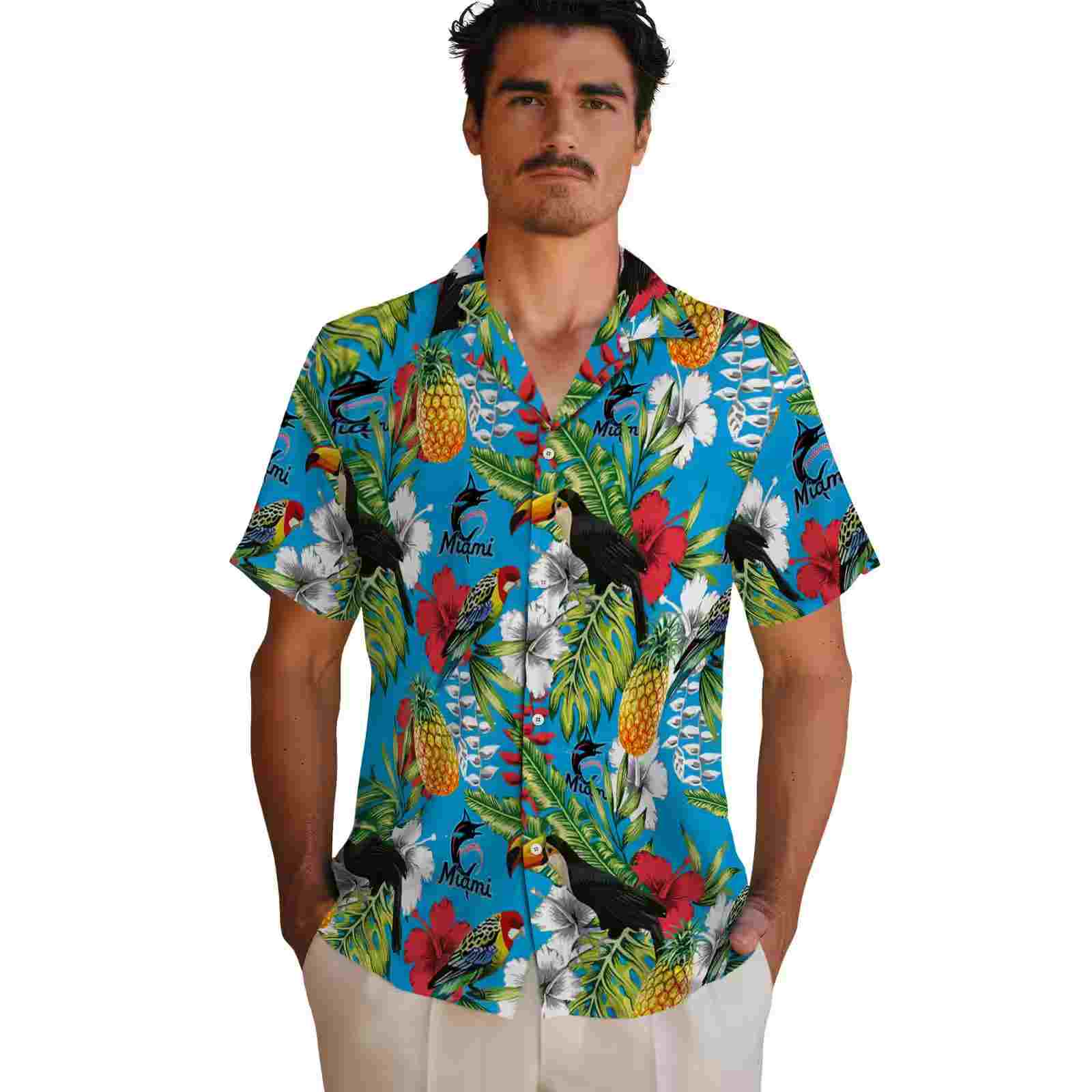 custom miami marlins tropical toucan blue green hawaiian shirt fashion forward