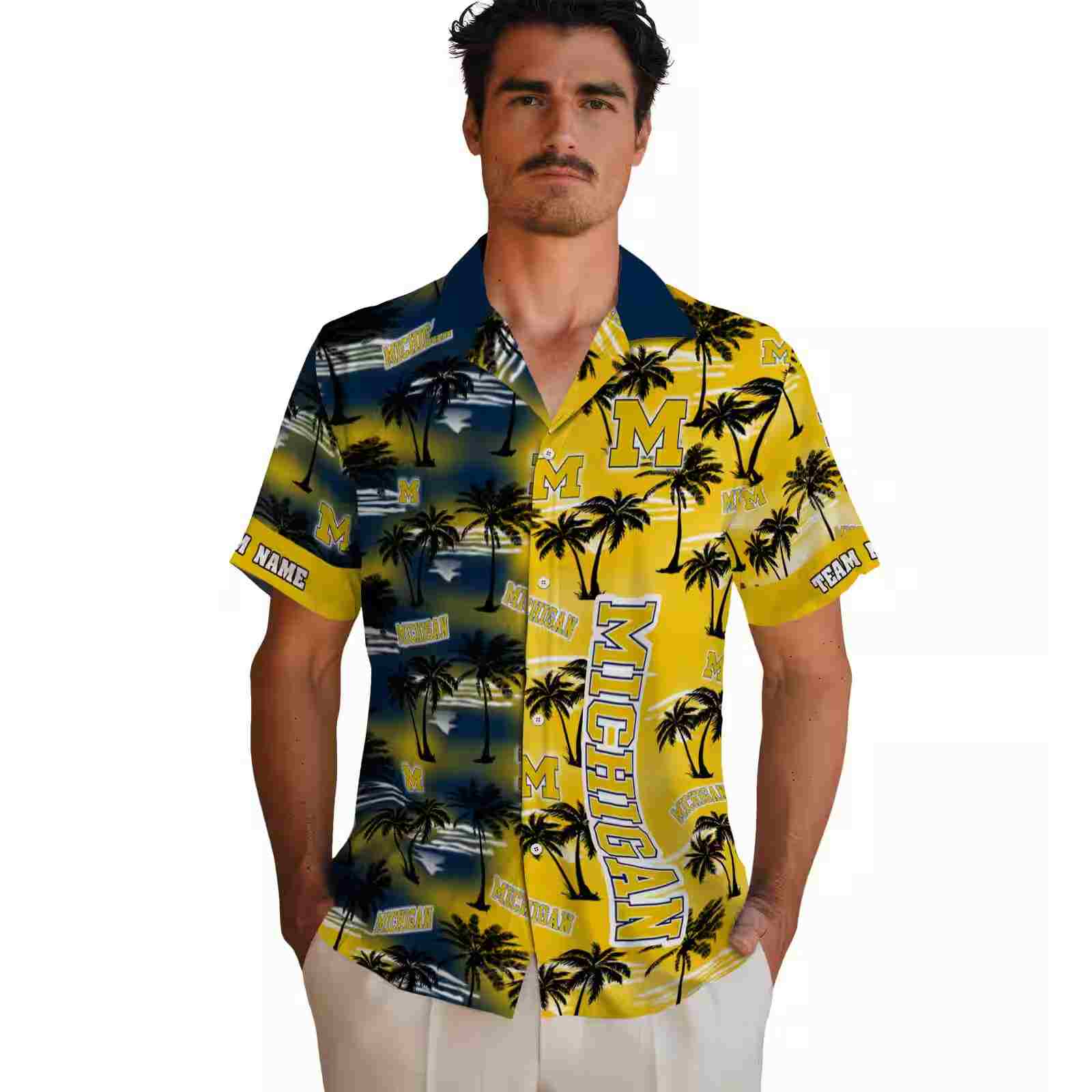 custom michigan wolverines palm silhouettes blue hawaiian shirt fashion forward