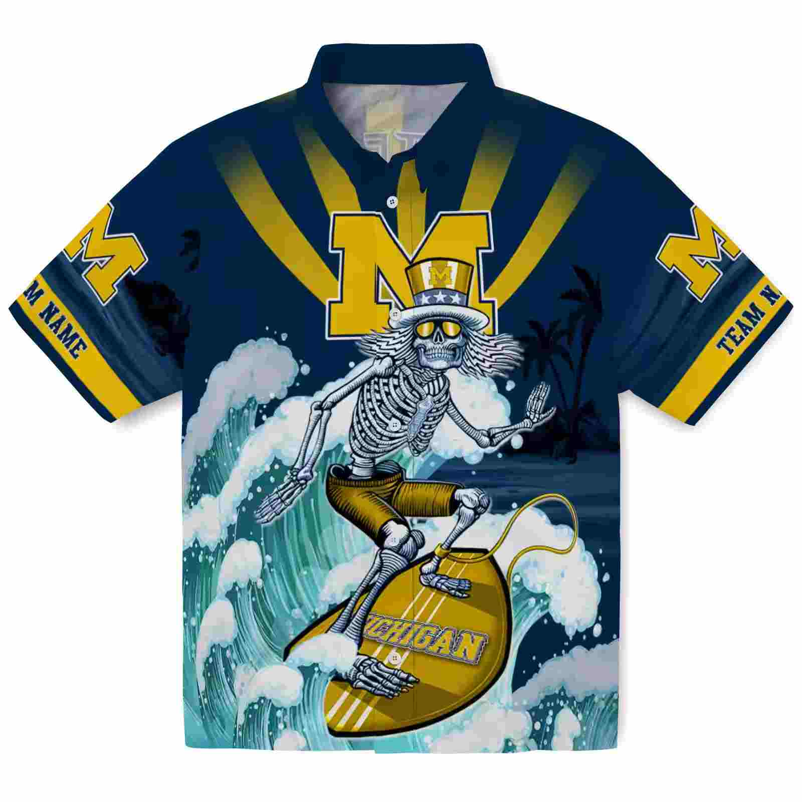 Custom Michigan Wolverines Surfing Skeleton Blue Hawaiian Shirt