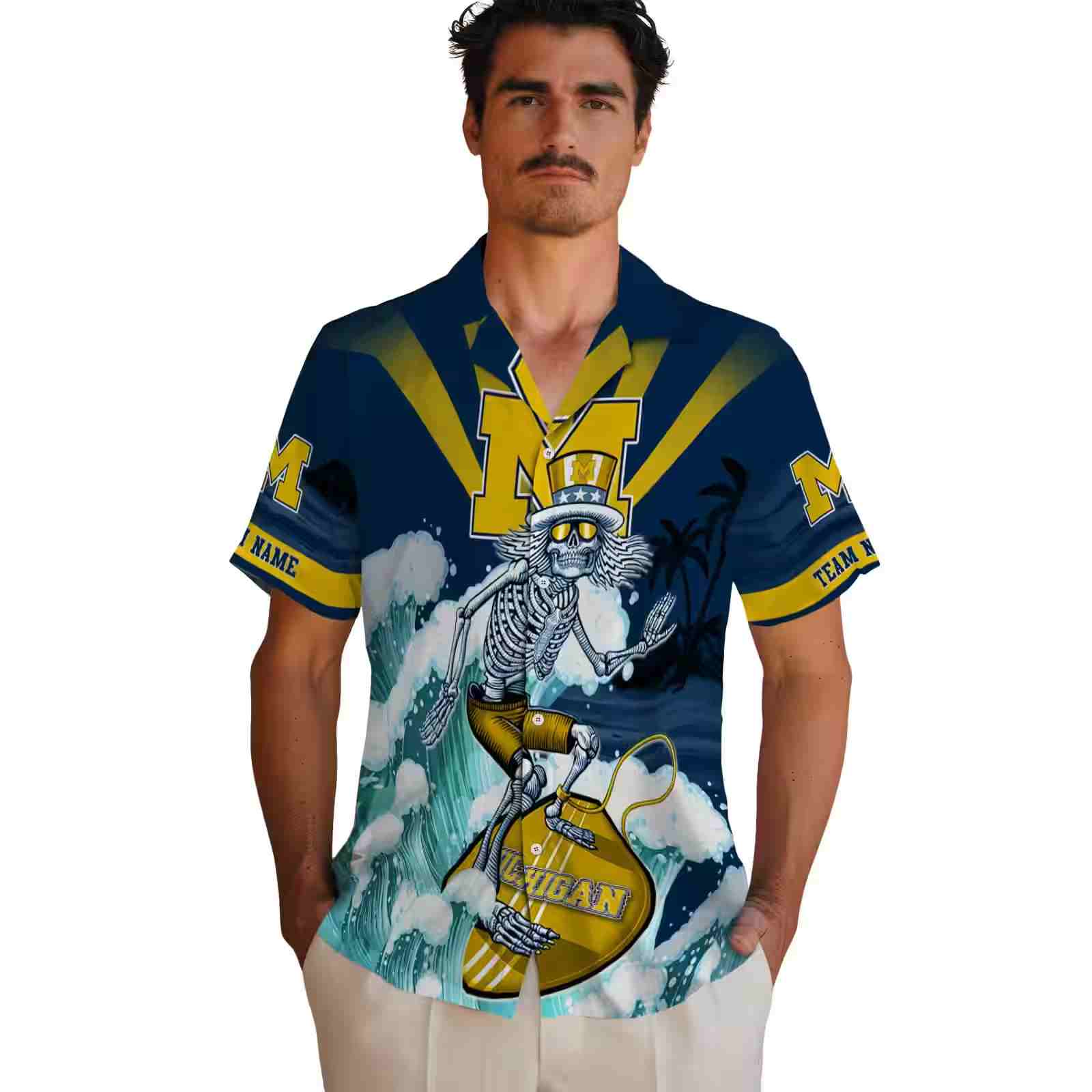 custom michigan wolverines surfing skeleton blue hawaiian shirt fashion forward