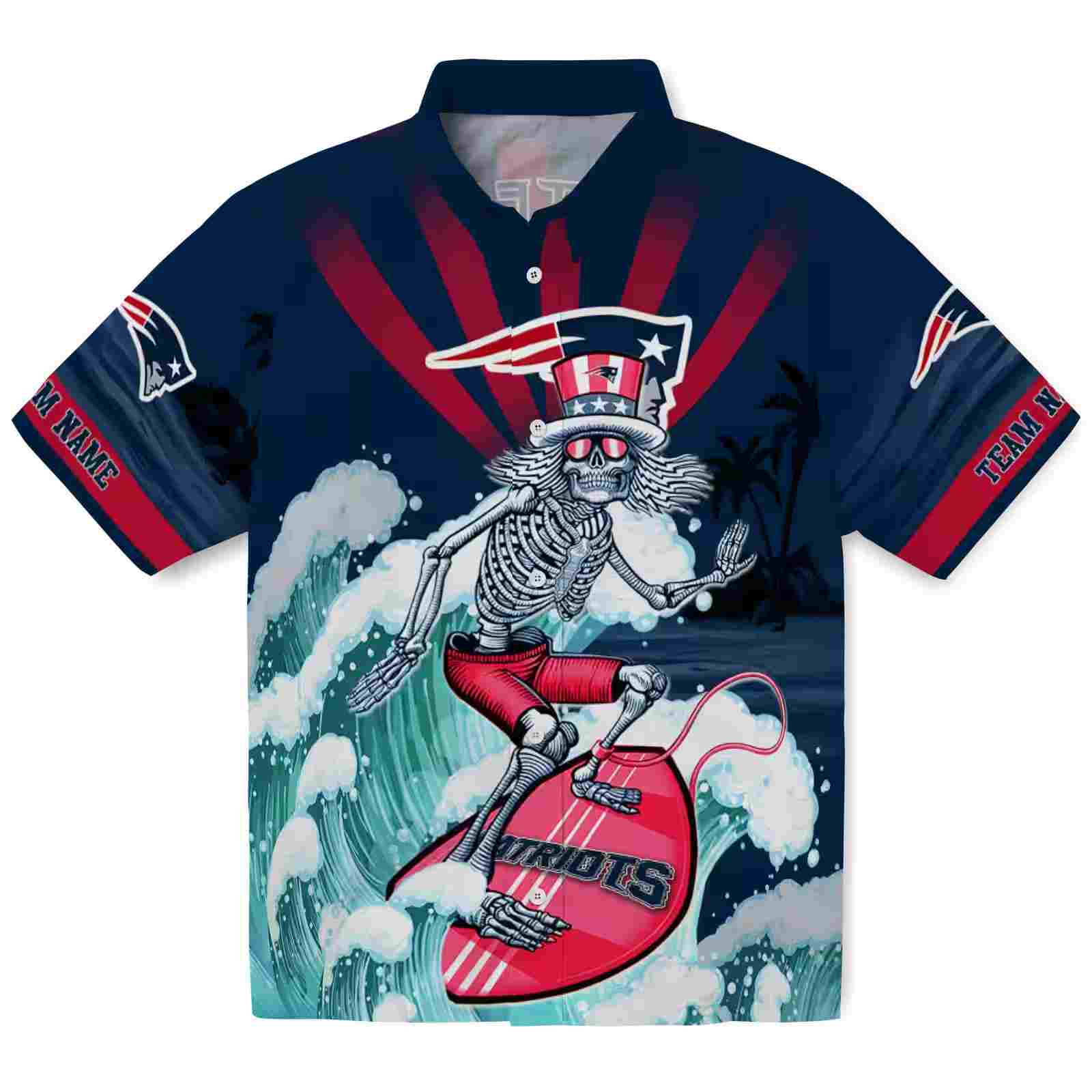 Custom New England Patriots Surfing Skeleton Blue Hawaiian Shirt