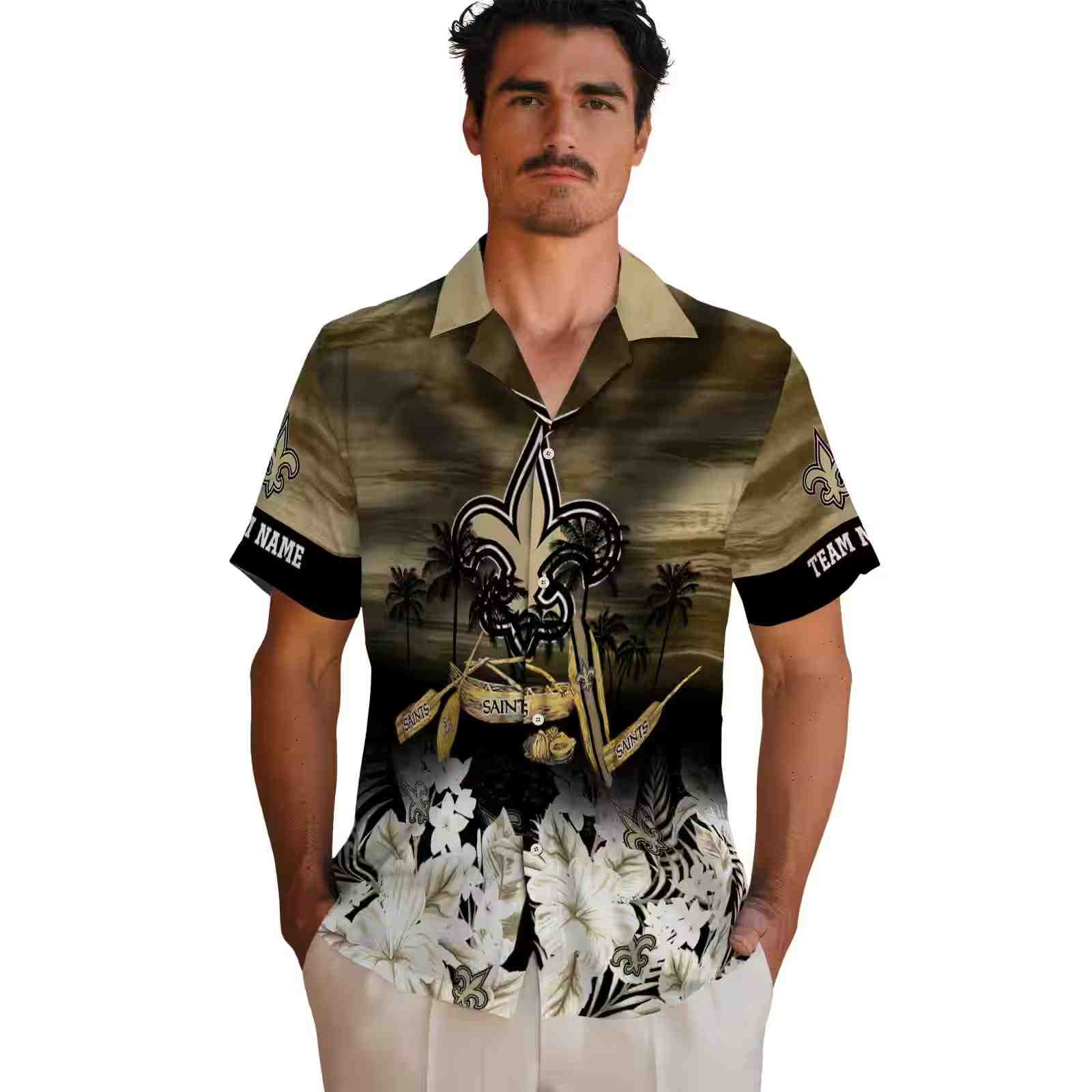 custom new orleans saints tropical canoe gold hawaiian shirt fashion forward