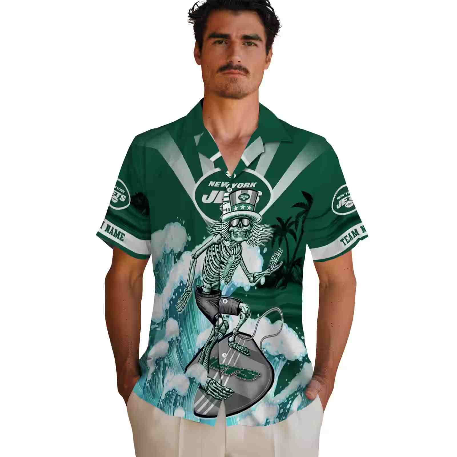 custom new york jets surfing skeleton green blue hawaiian shirt fashion forward