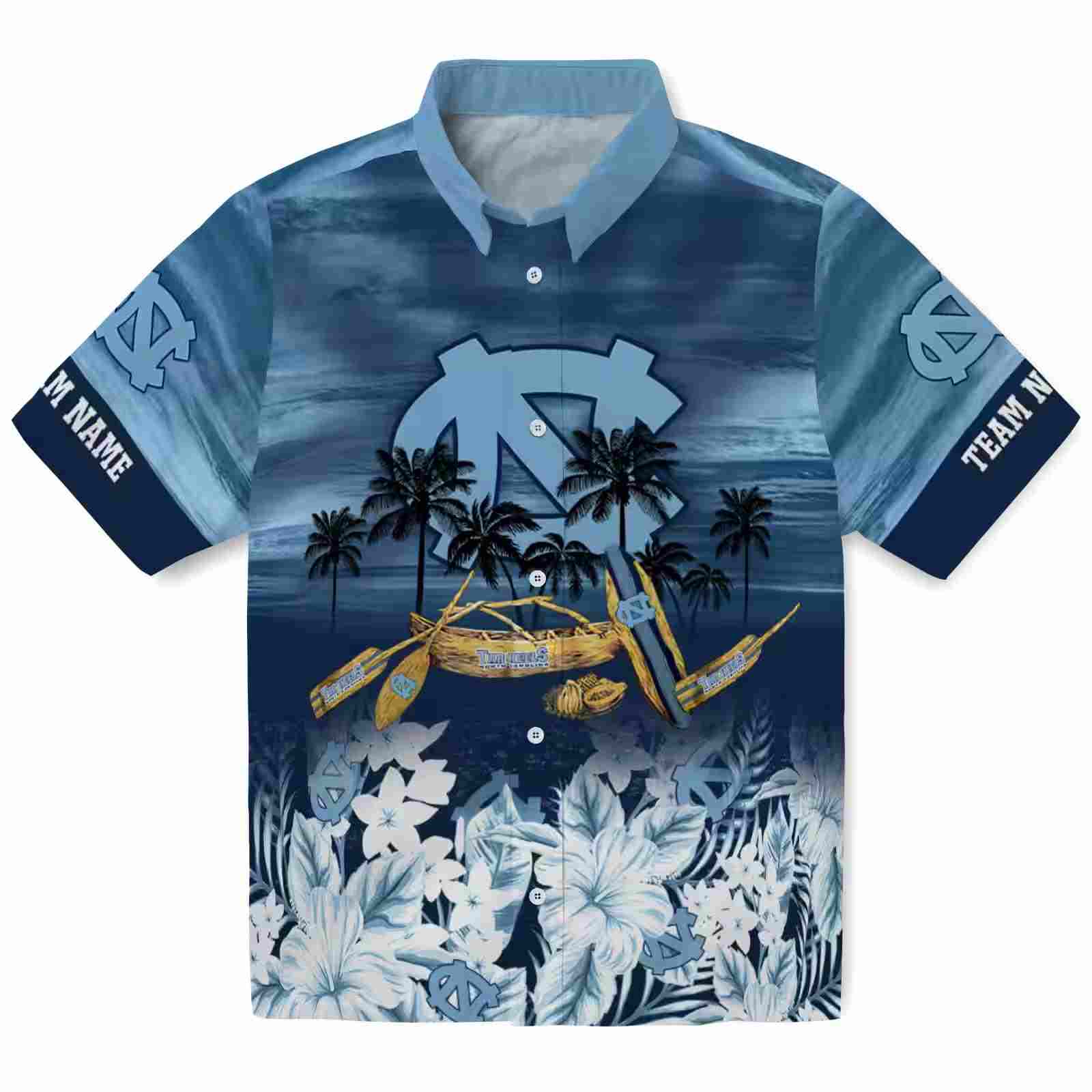 Custom North Carolina Tar Heels Tropical Canoe Light Blue Hawaiian Shirt