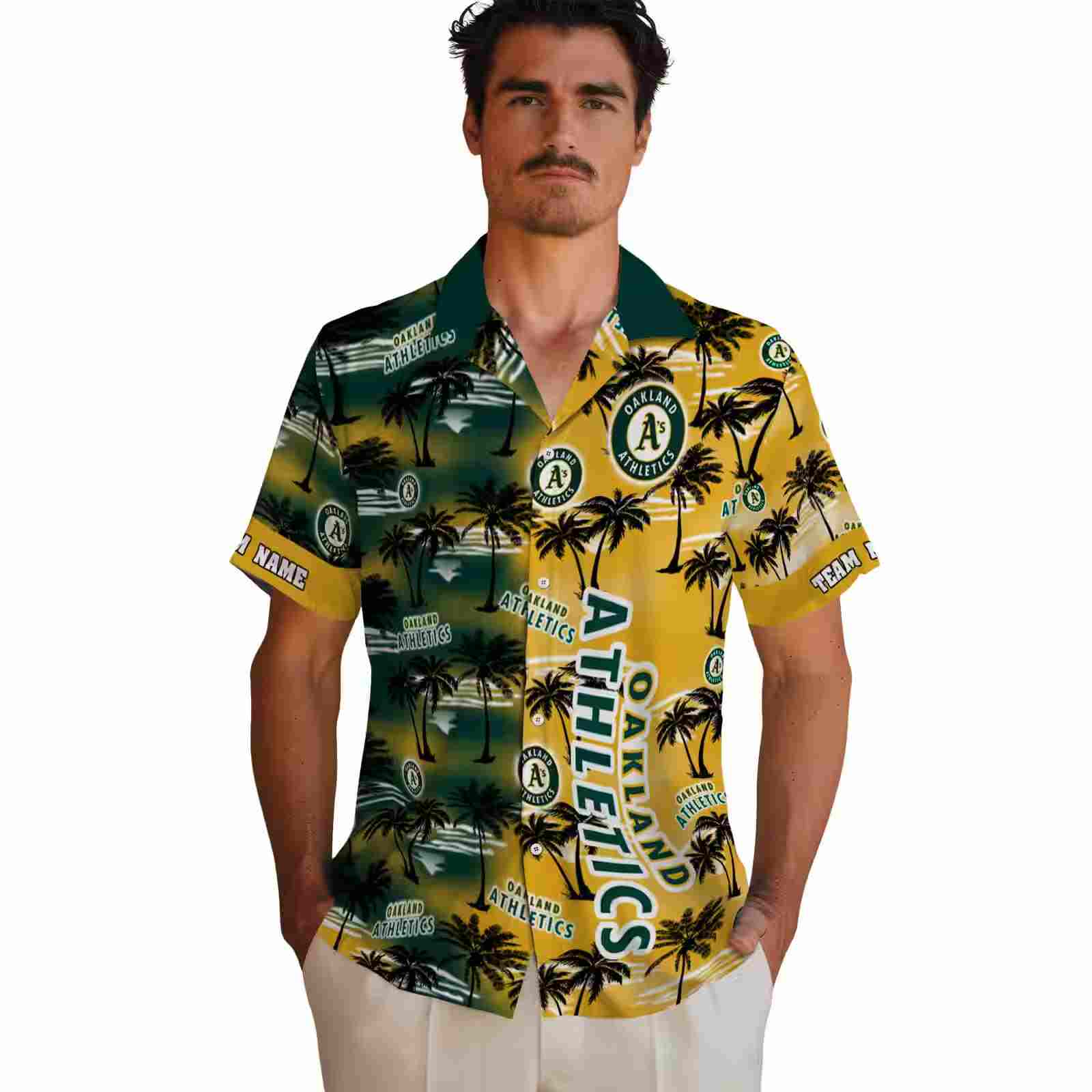 custom oakland athletics palm silhouettes green hawaiian shirt fashion forward