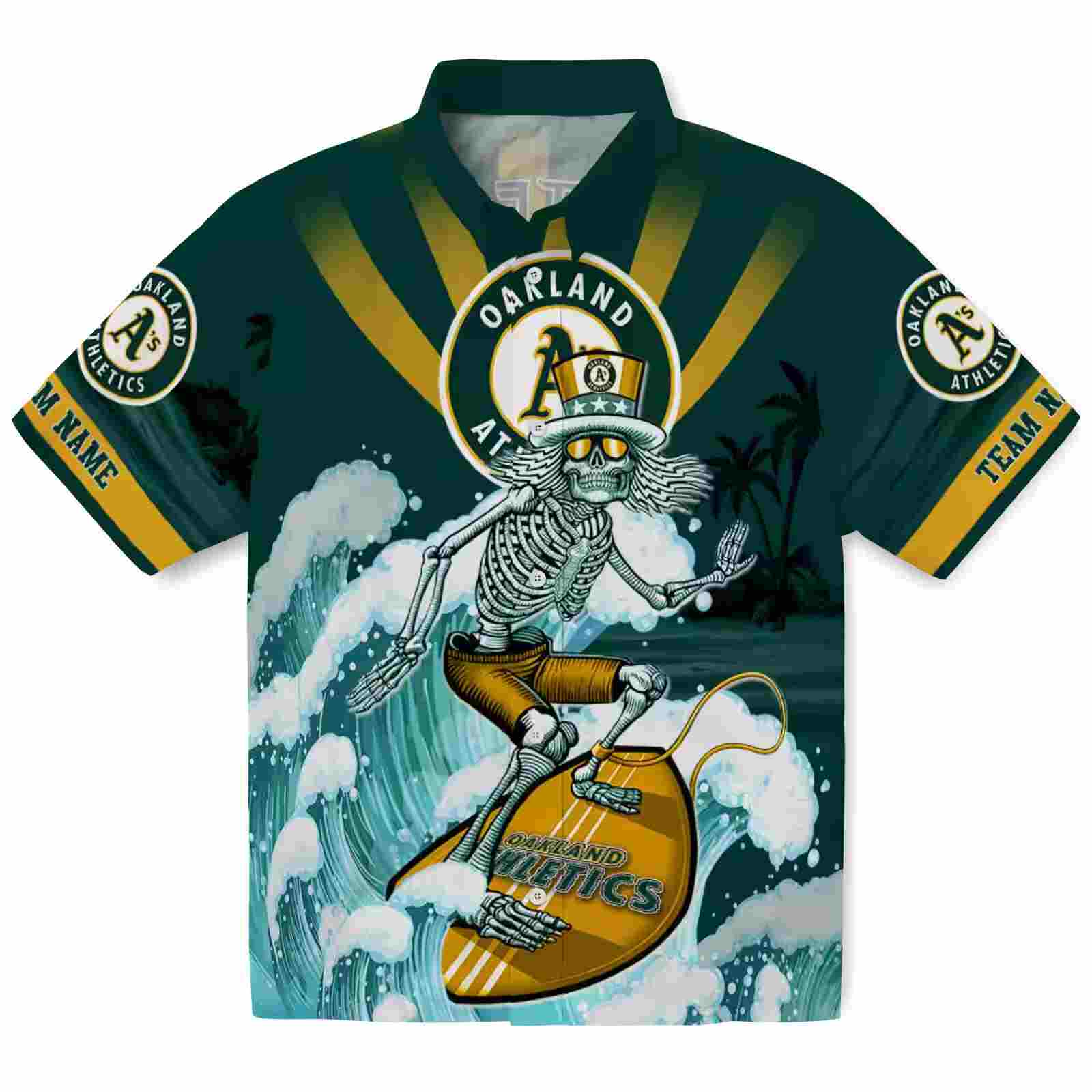 Custom Oakland Athletics Surfing Skeleton Green Blue Hawaiian Shirt