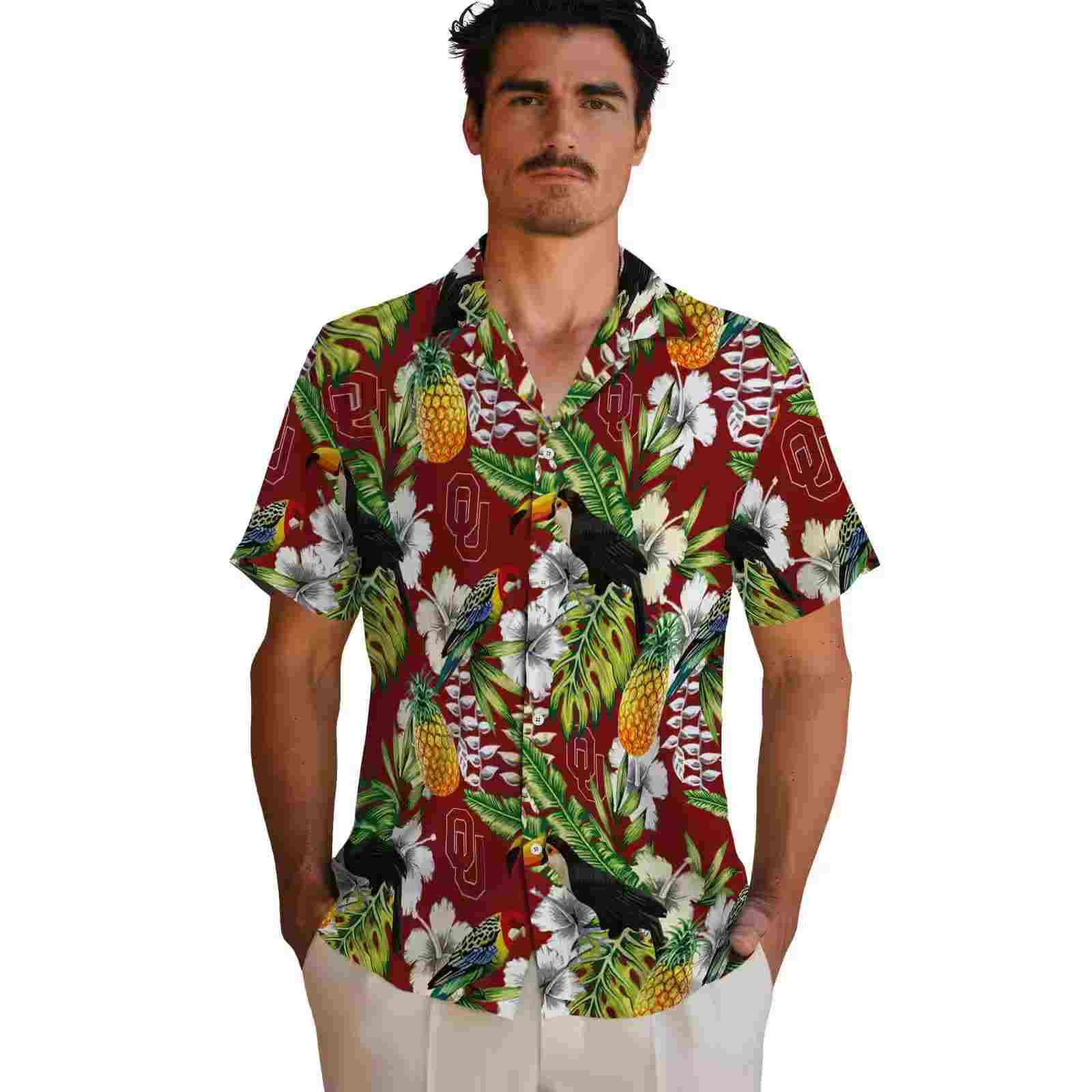 custom oklahoma sooners tropical toucan crimson green hawaiian shirt fashion forward