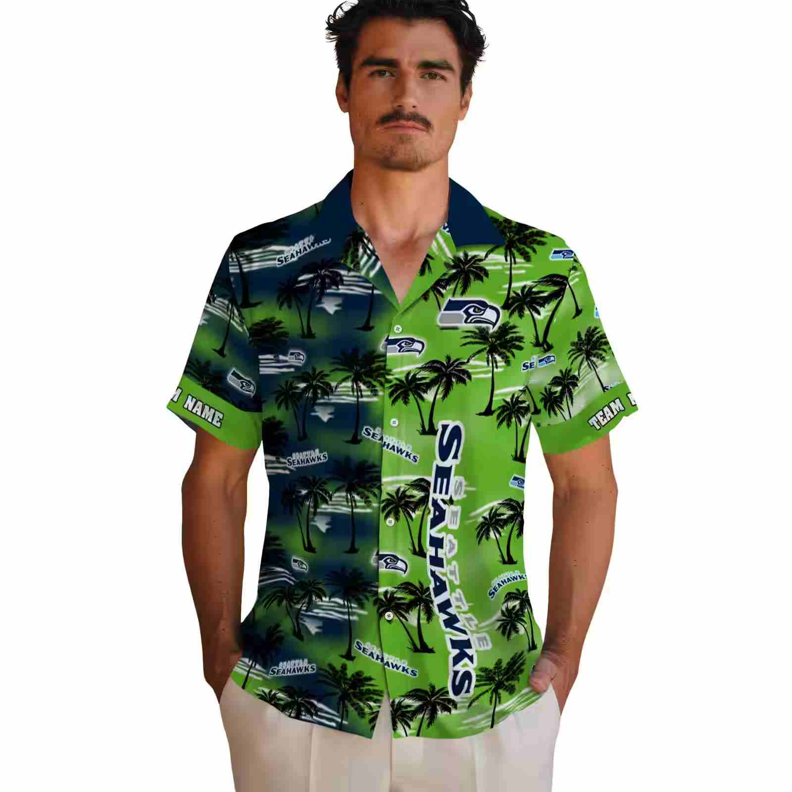 custom seattle seahawks palm silhouettes blue hawaiian shirt fashion forward