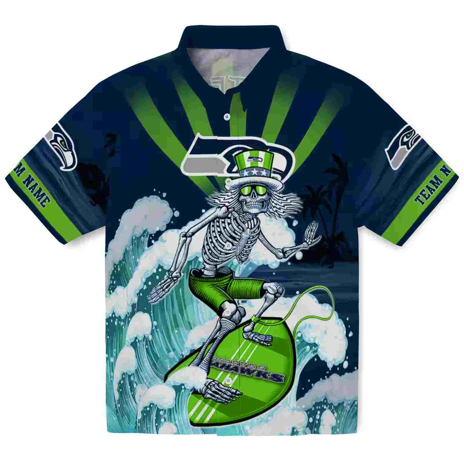 Custom Seattle Seahawks Surfing Skeleton Blue Hawaiian Shirt