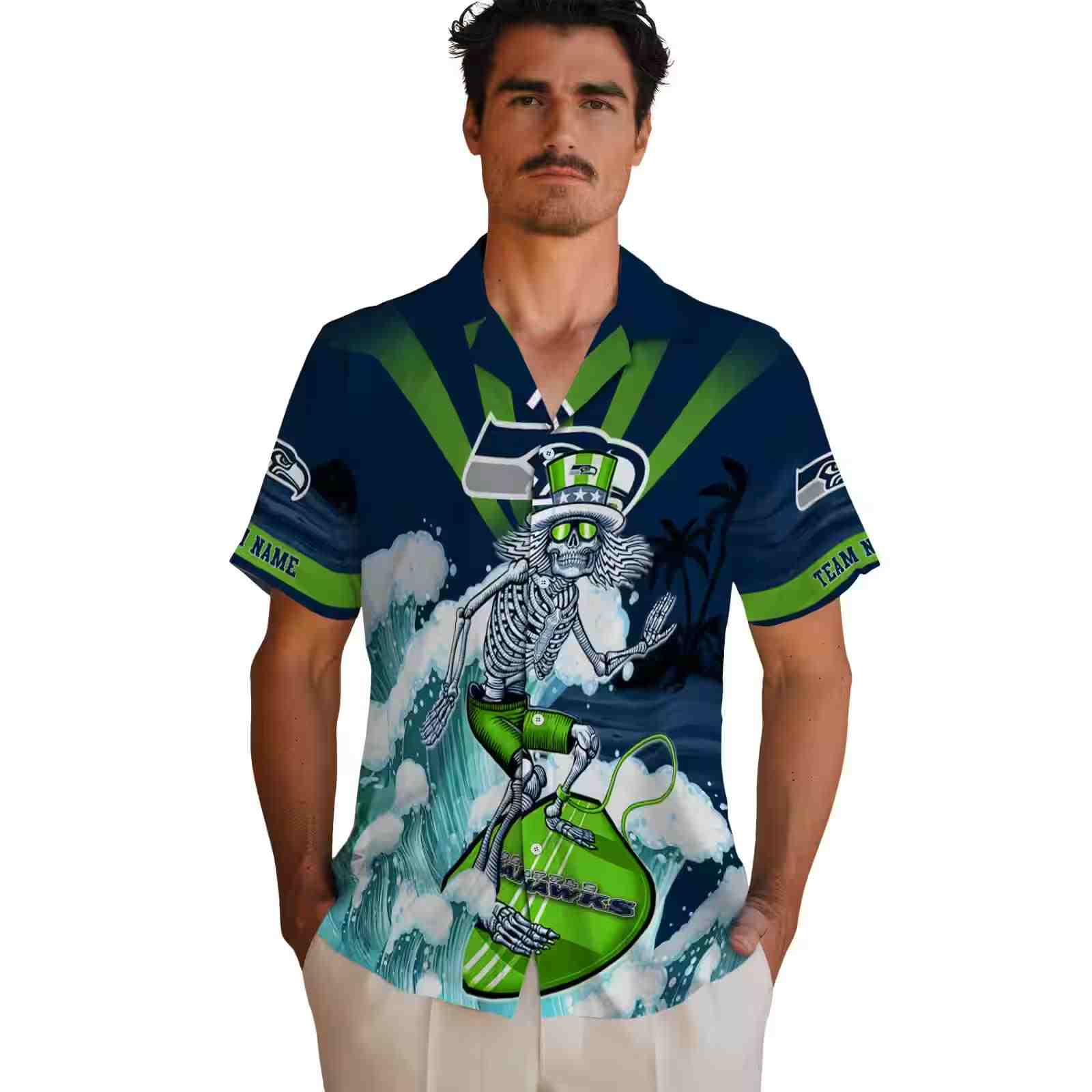 custom seattle seahawks surfing skeleton blue hawaiian shirt fashion forward