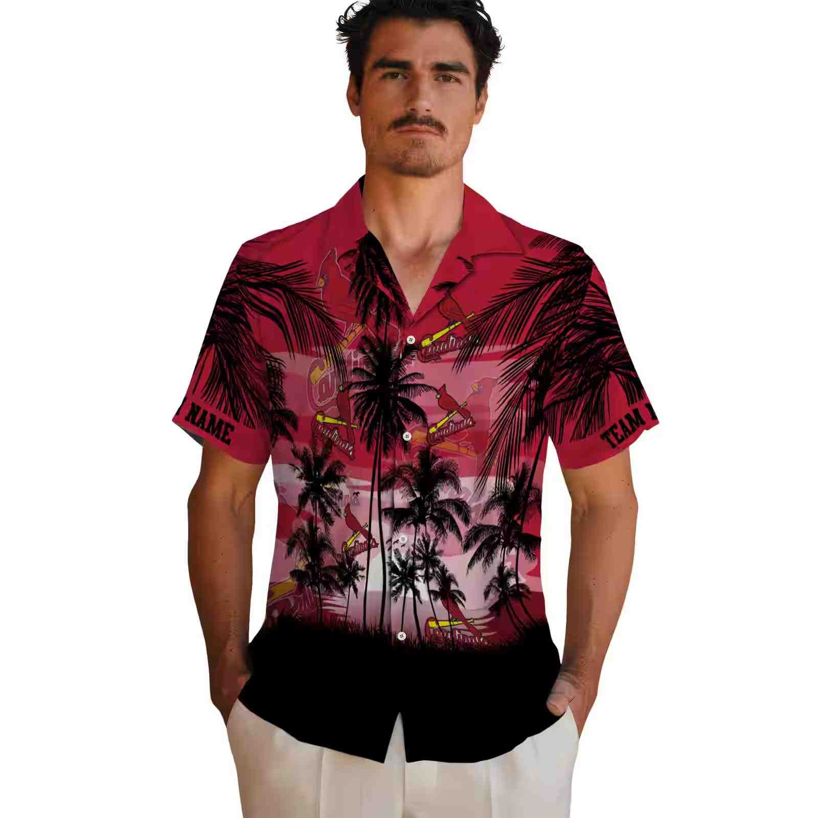 custom st louis cardinals sunset scene red black hawaiian shirt fashion forward