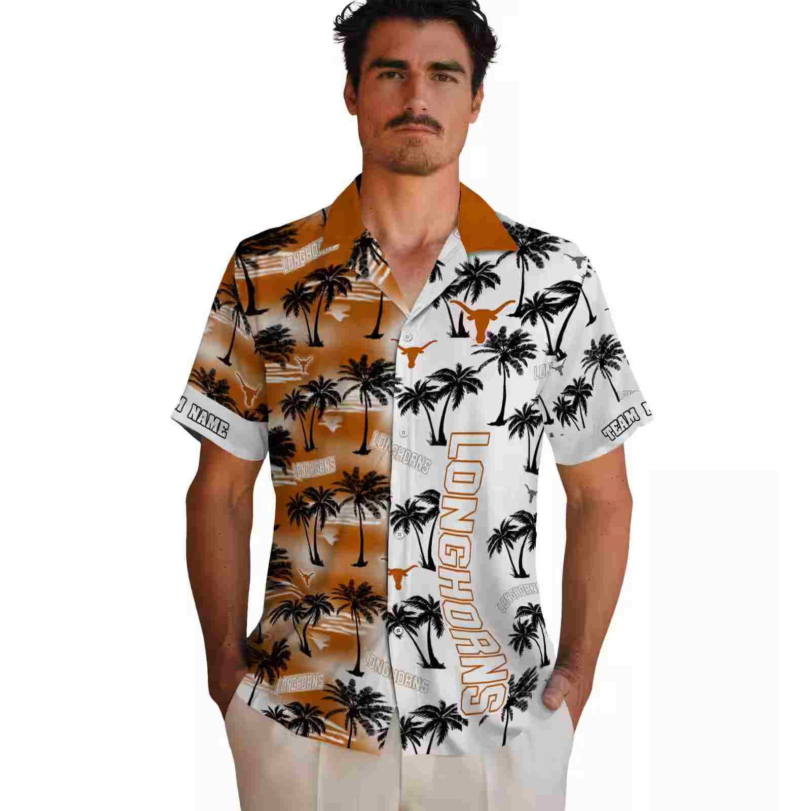 custom texas longhorns palm silhouettes orange hawaiian shirt fashion forward