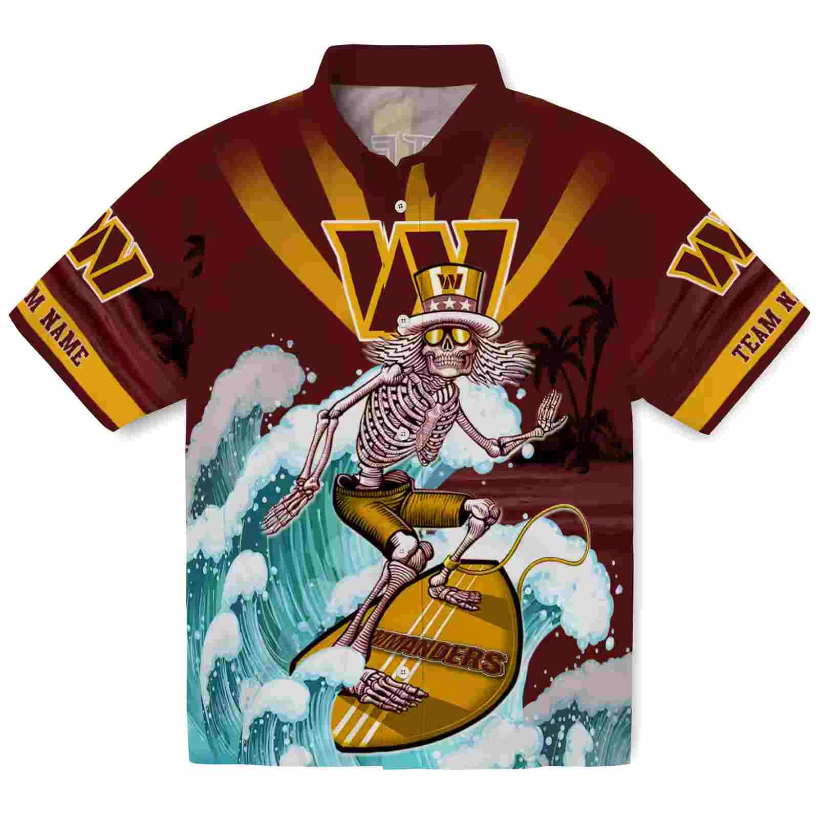 Custom Washington Commanders Surfing Skeleton Burgundy Blue Hawaiian Shirt