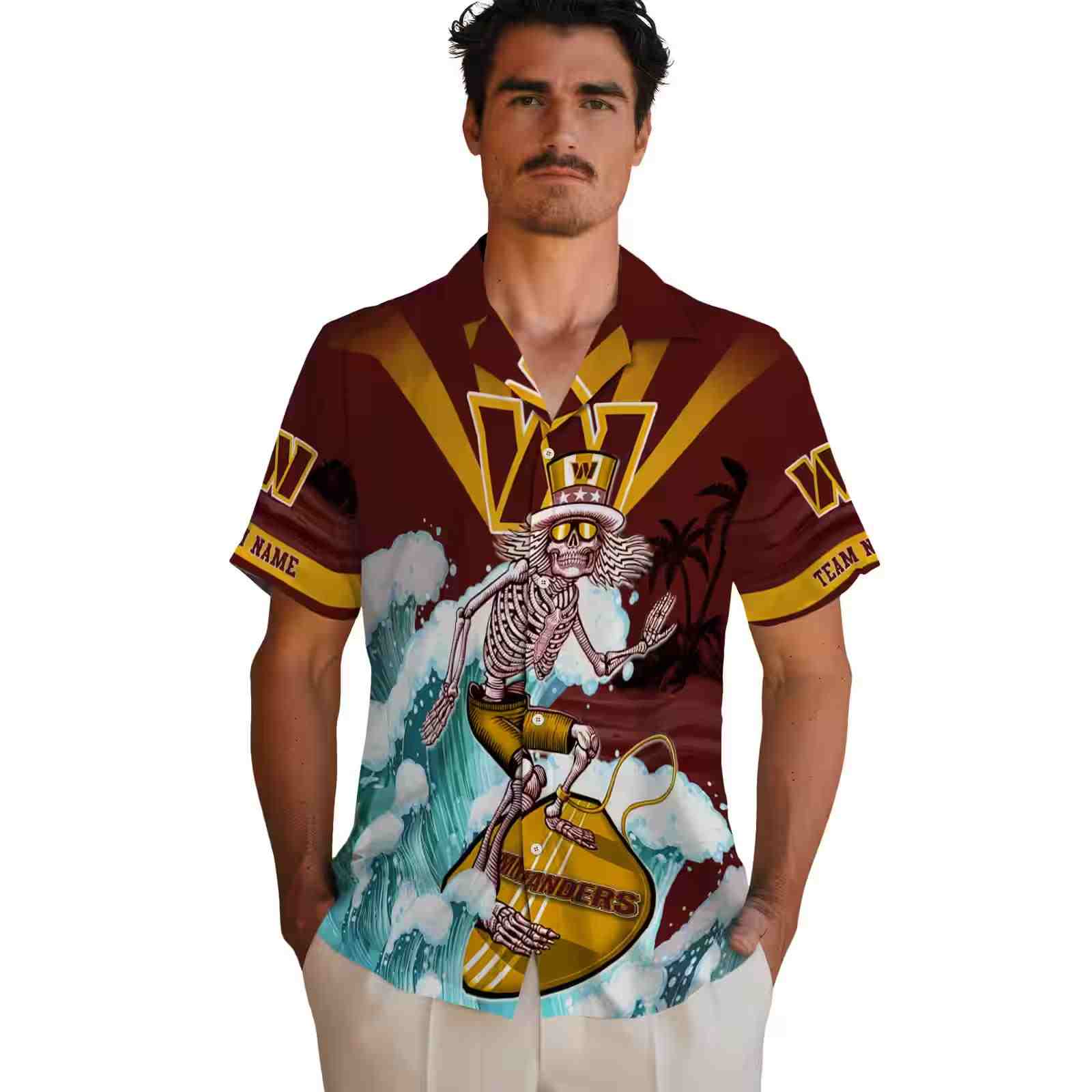 custom washington commanders surfing skeleton burgundy blue hawaiian shirt fashion forward