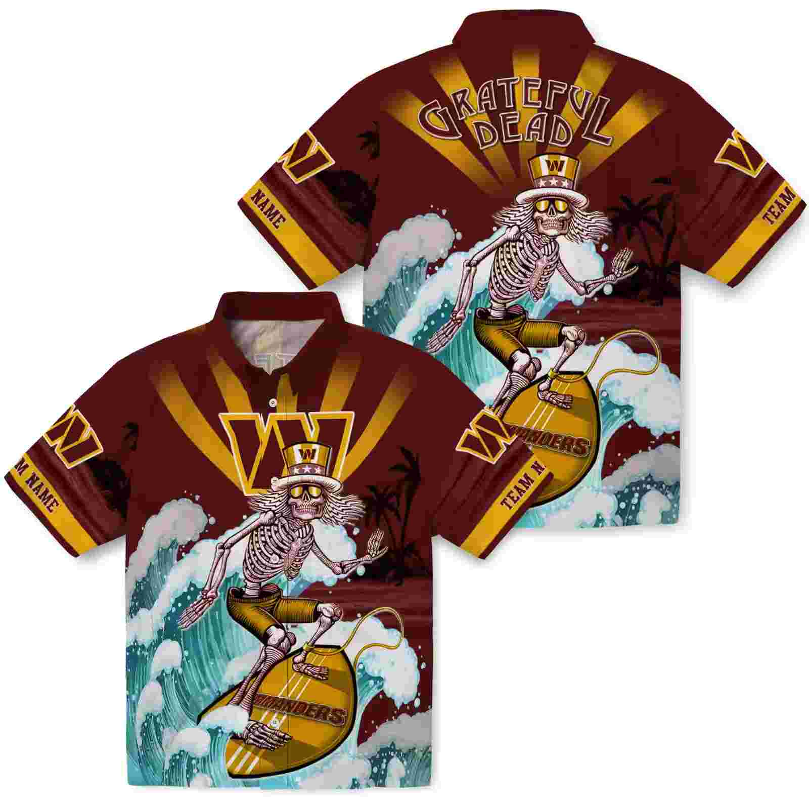 custom washington commanders surfing skeleton burgundy blue hawaiian shirt high quality