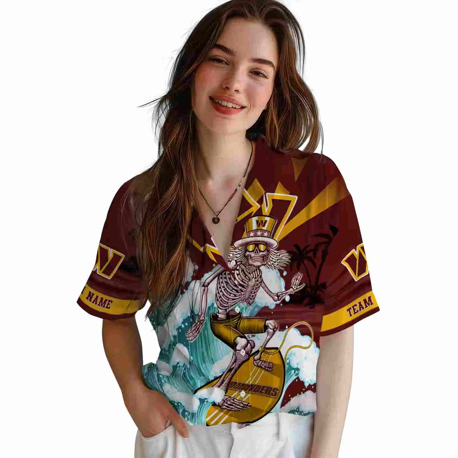 custom washington commanders surfing skeleton burgundy blue hawaiian shirt latest model