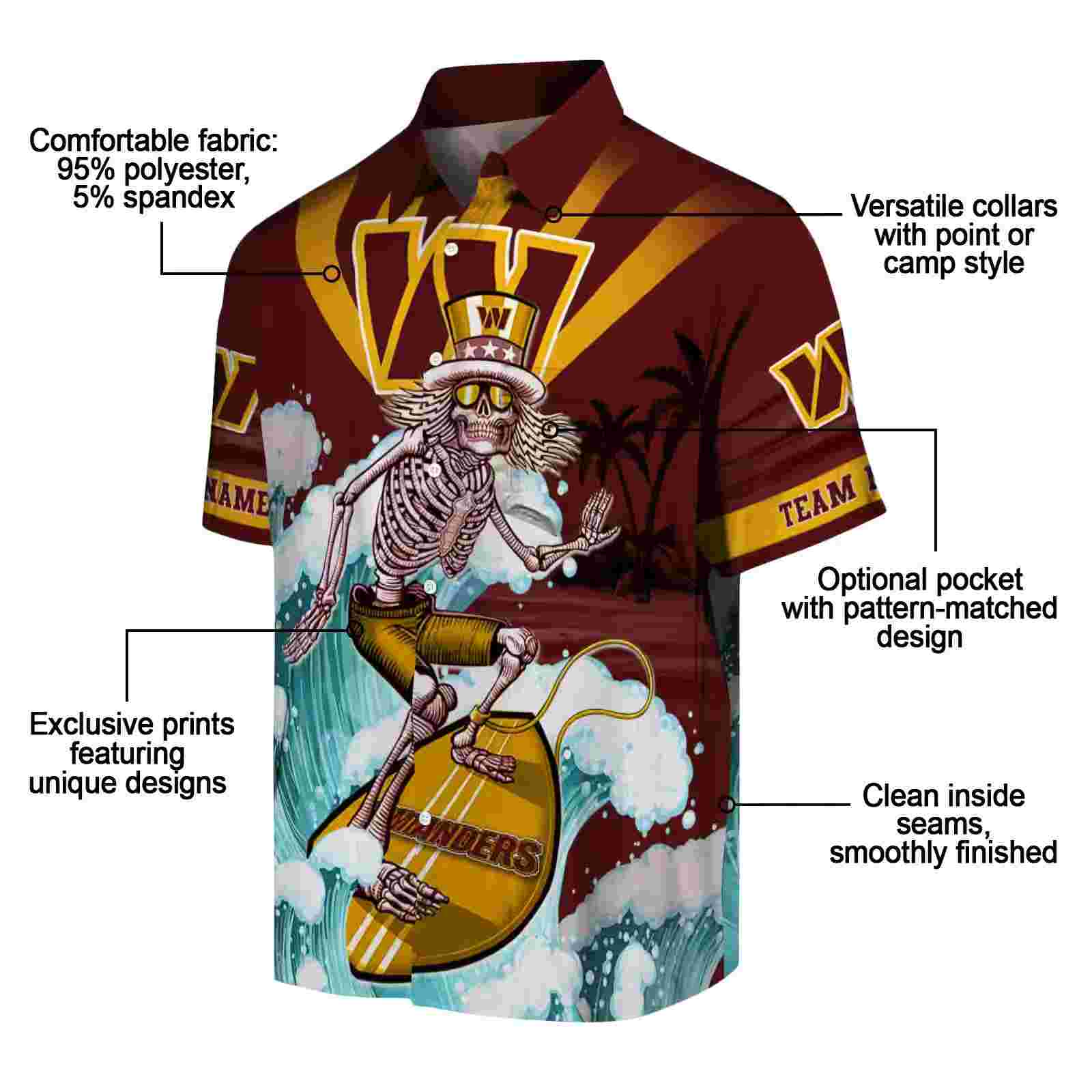 custom washington commanders surfing skeleton burgundy blue hawaiian shirt new arrival