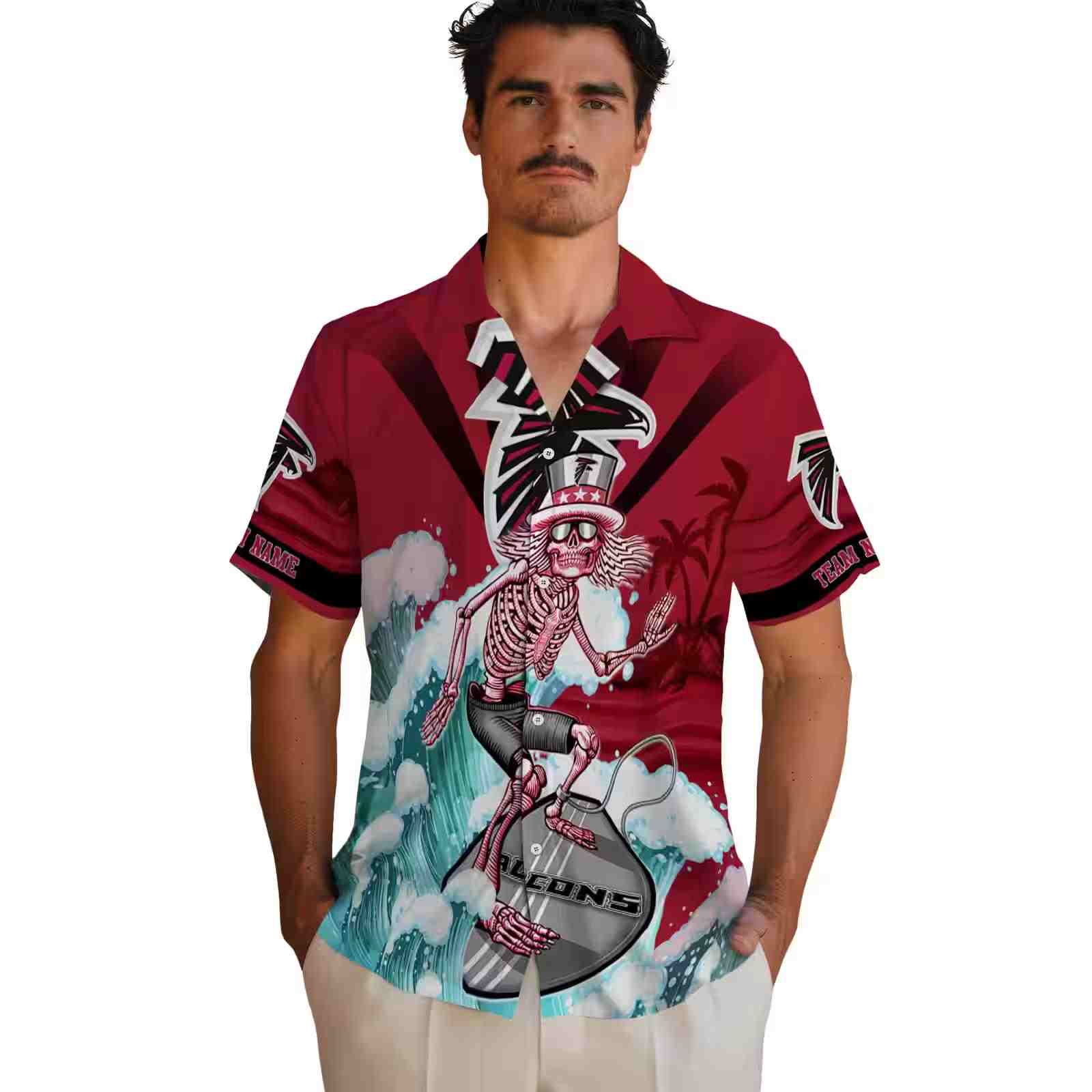 customized atlanta falcons surfing skeleton red blue hawaiian shirt fashion forward