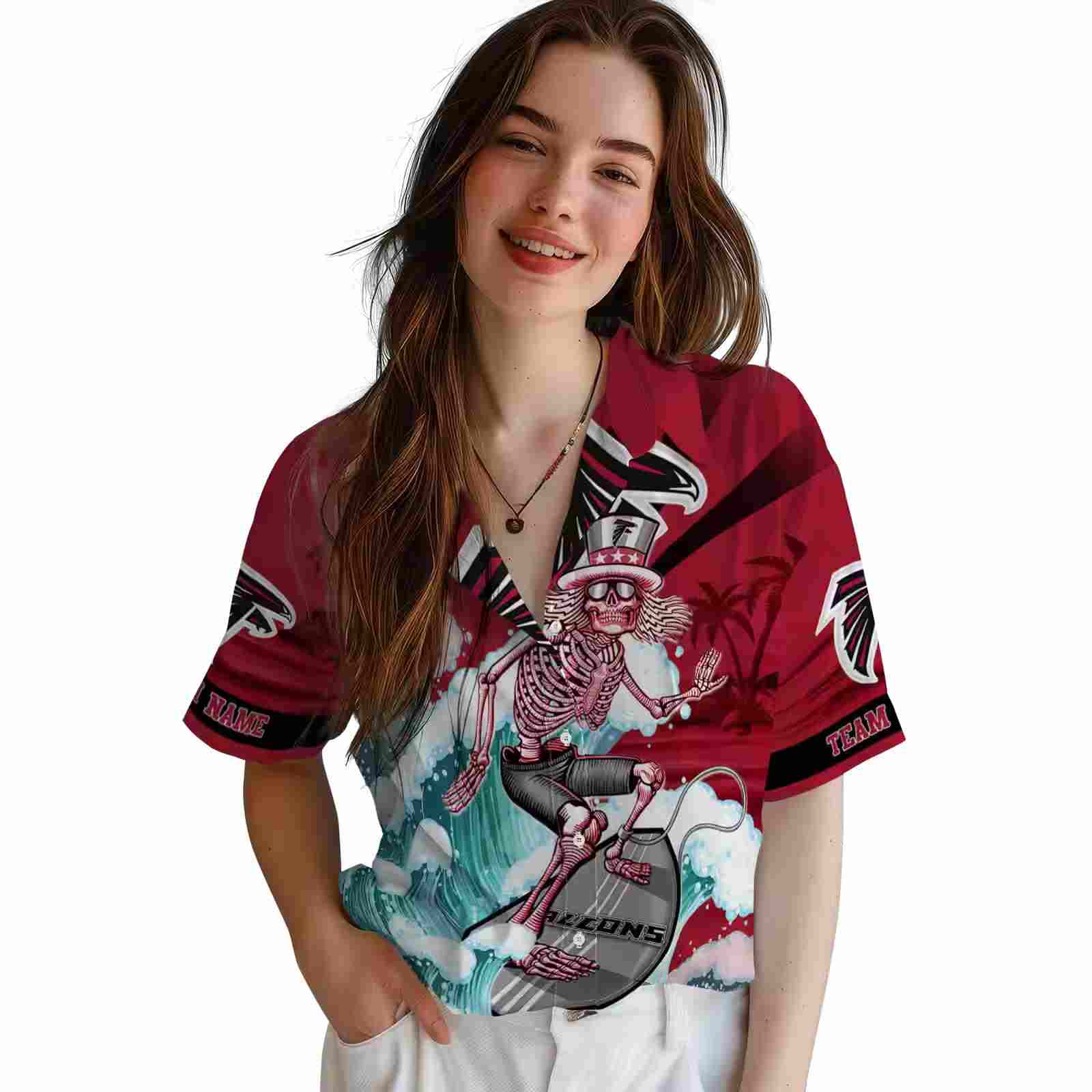 customized atlanta falcons surfing skeleton red blue hawaiian shirt latest model