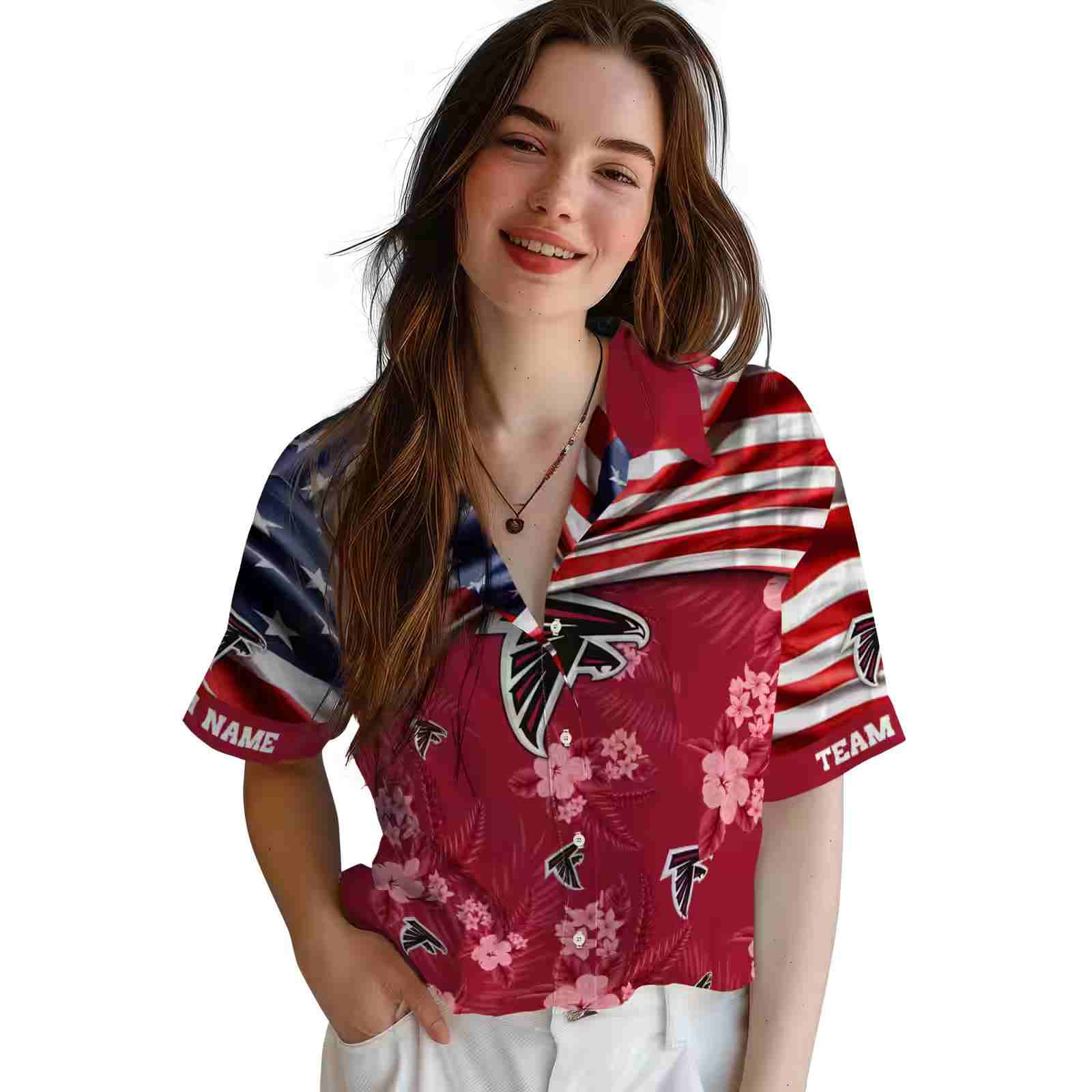 customized atlanta falcons us flag hibiscus red hawaiian shirt latest model