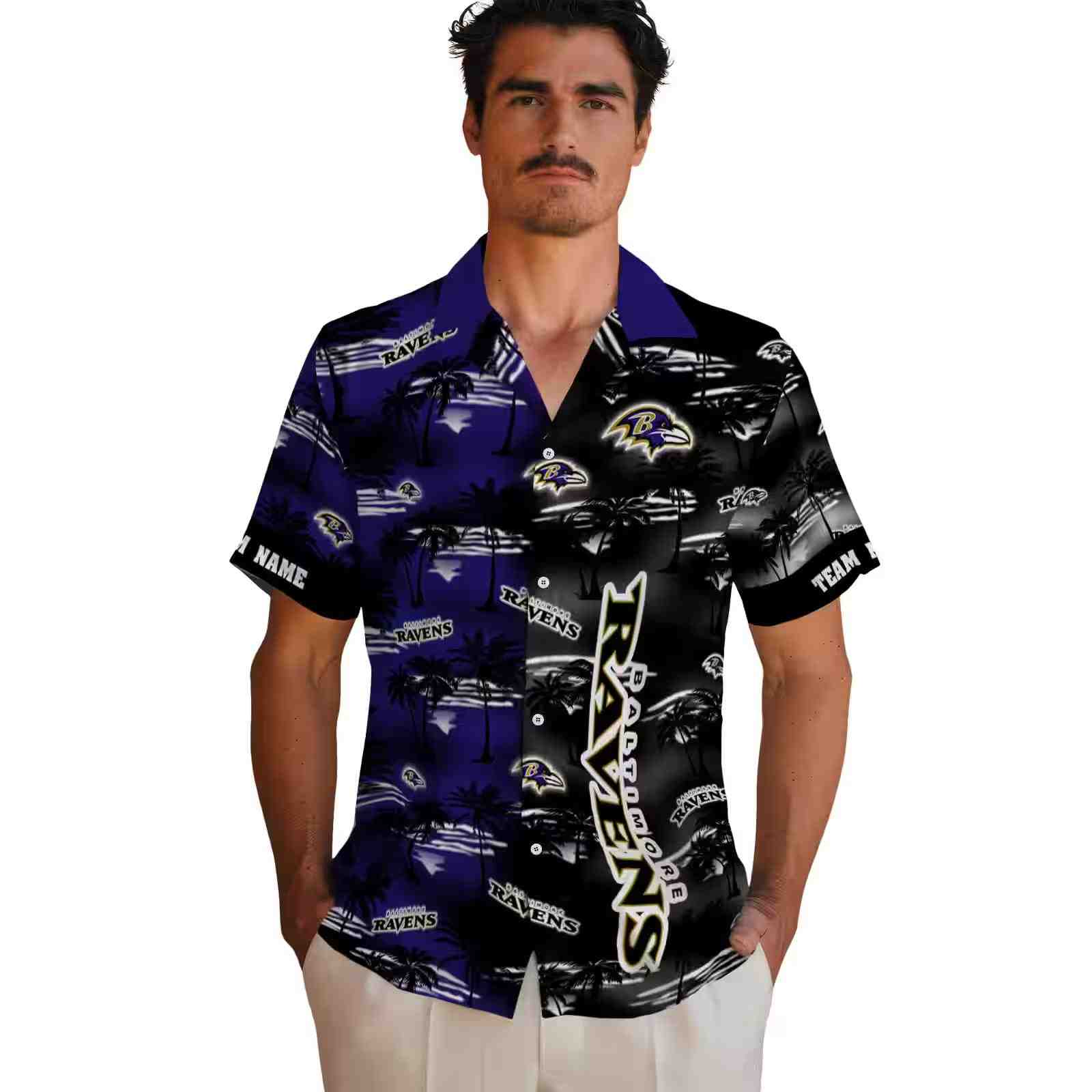 customized baltimore ravens palm silhouettes purple hawaiian shirt fashion forward