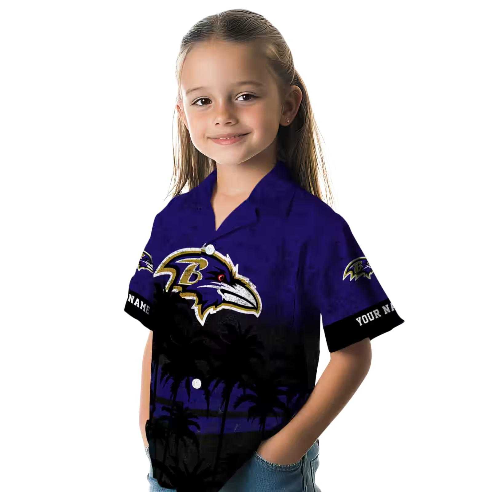 customized baltimore ravens sunset pattern purple black hawaiian shirt premium grade