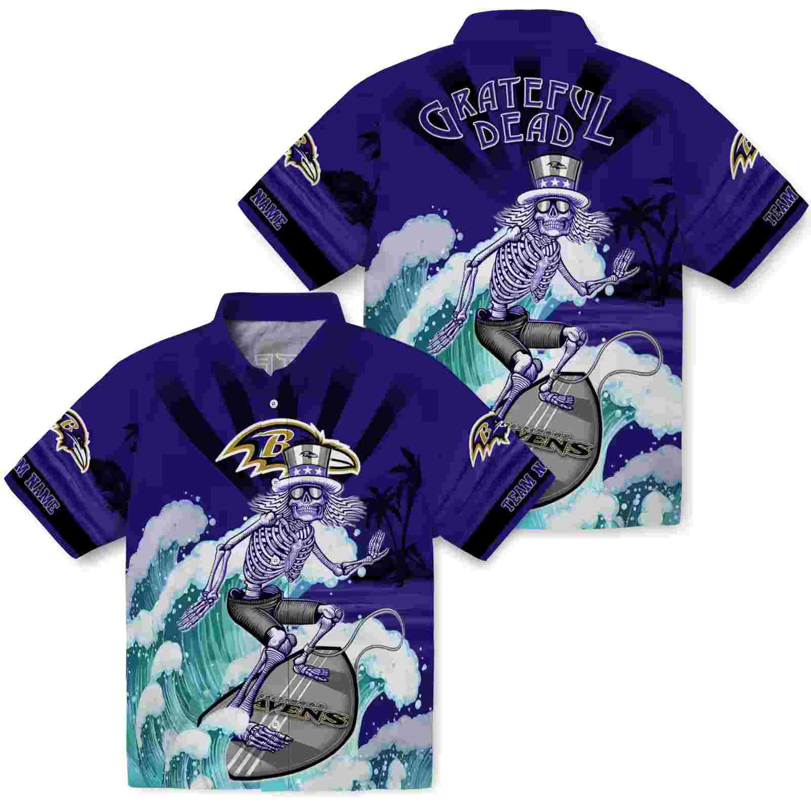 customized baltimore ravens surfing skeleton purple blue hawaiian shirt high quality