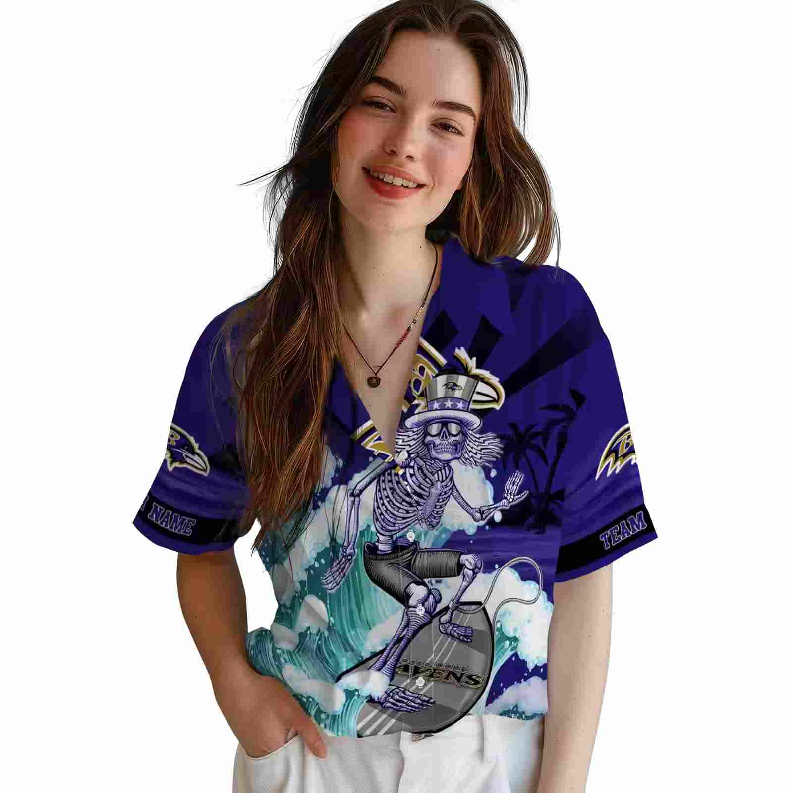 customized baltimore ravens surfing skeleton purple blue hawaiian shirt latest model