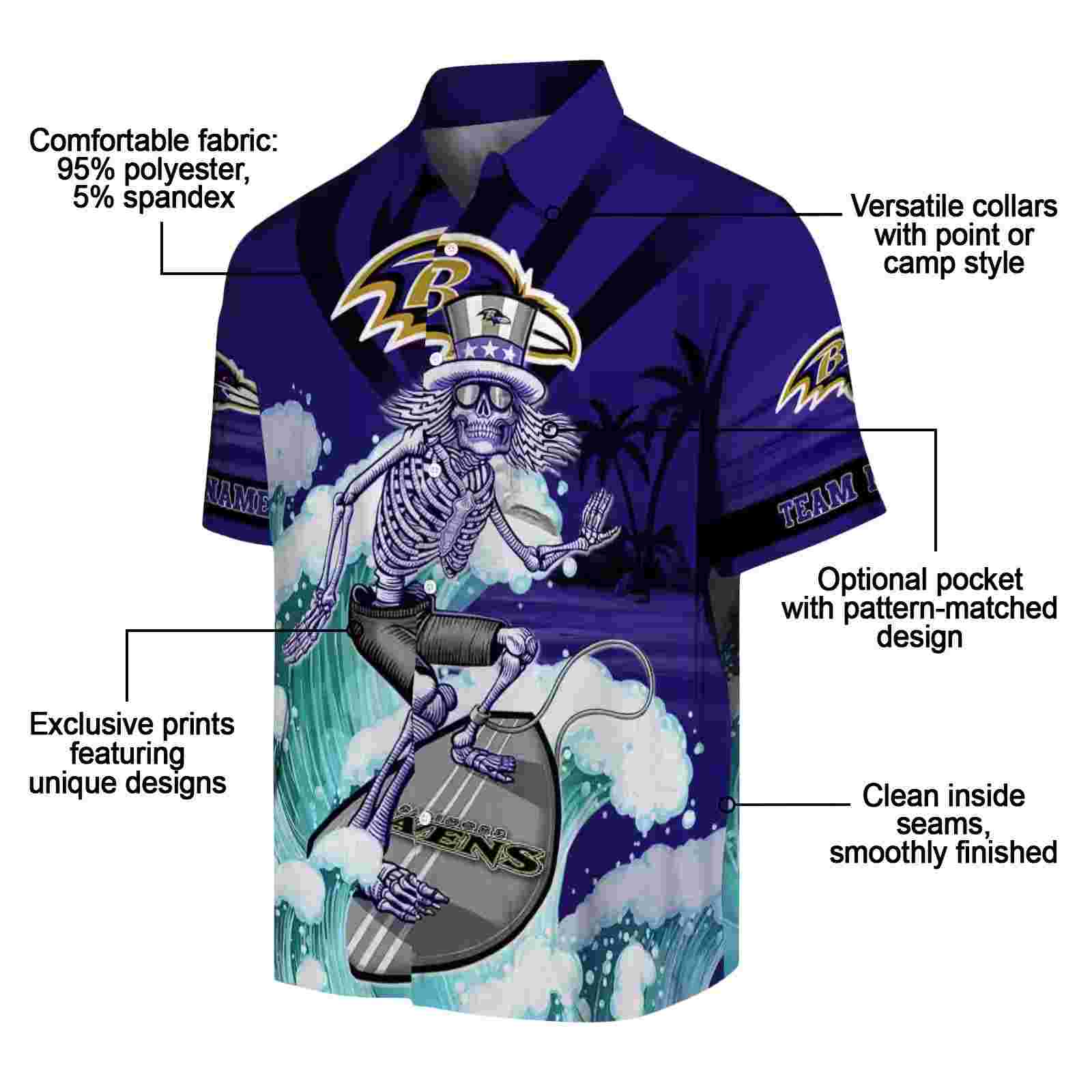 customized baltimore ravens surfing skeleton purple blue hawaiian shirt new arrival