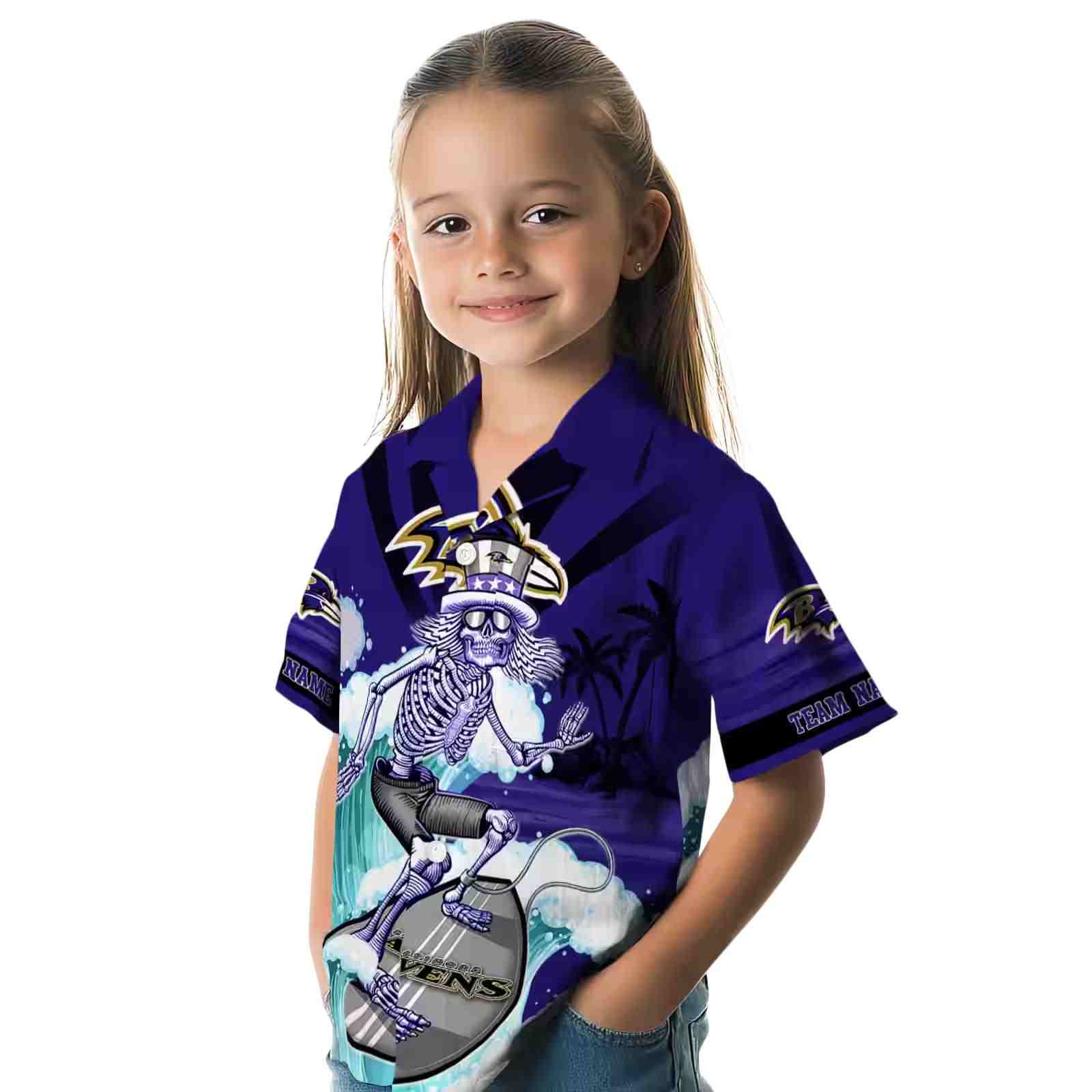 customized baltimore ravens surfing skeleton purple blue hawaiian shirt premium grade