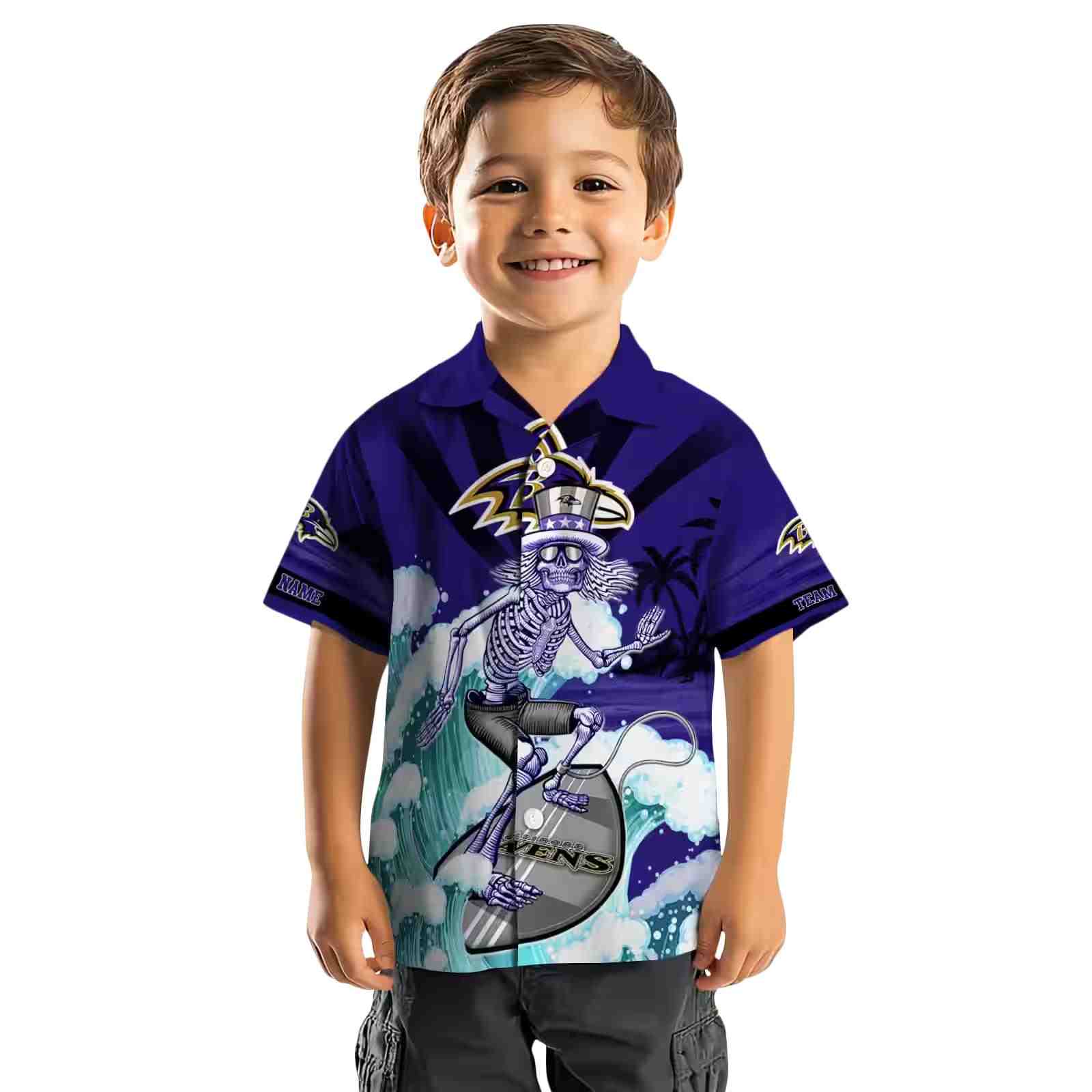 customized baltimore ravens surfing skeleton purple blue hawaiian shirt top rated