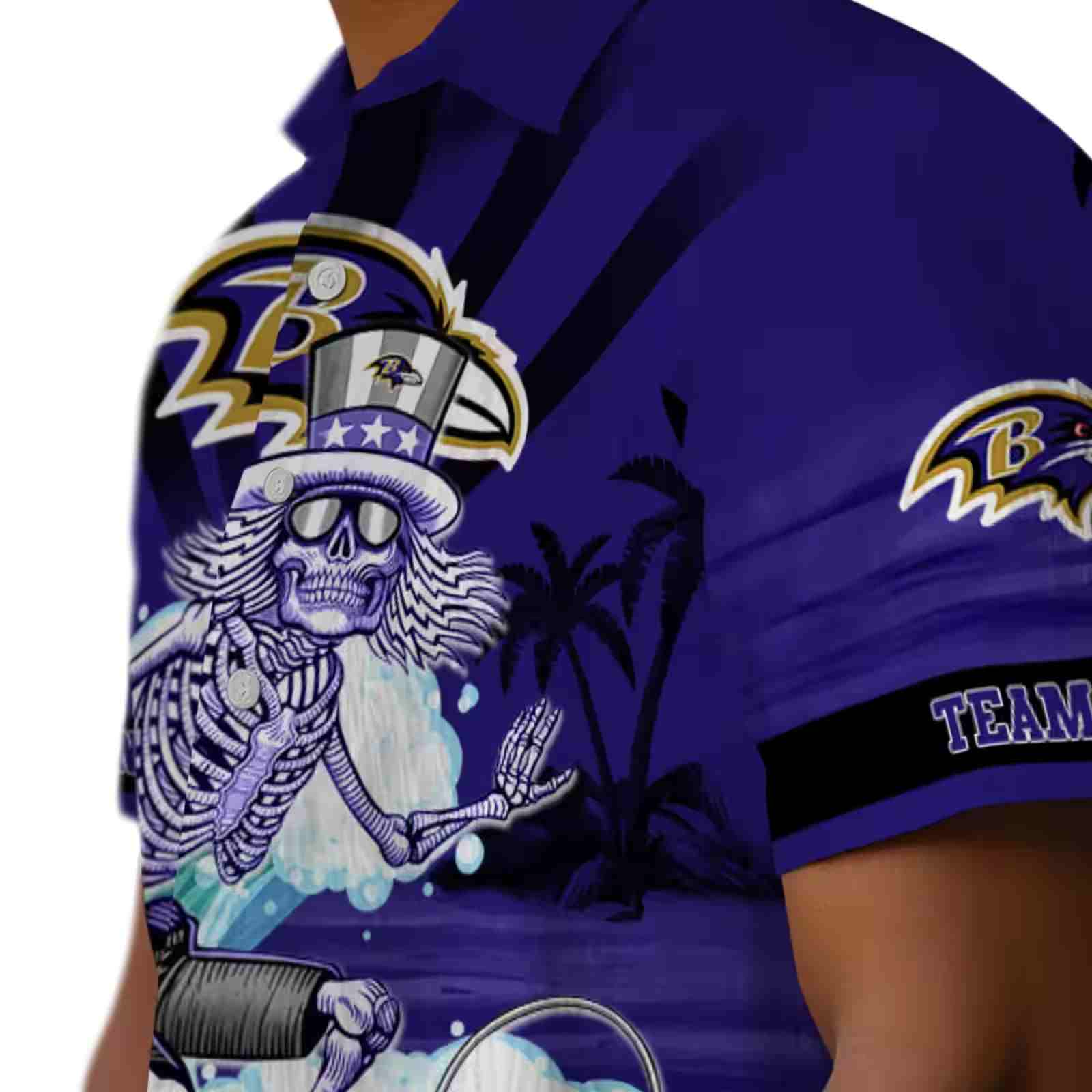 customized baltimore ravens surfing skeleton purple blue hawaiian shirt trendy