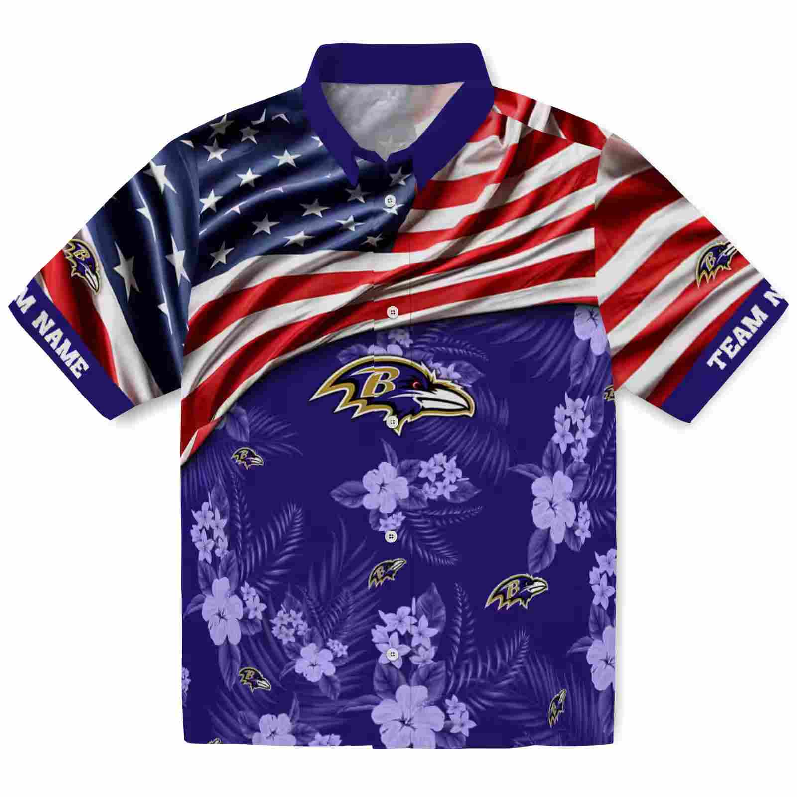 customized baltimore ravens us flag hibiscus purple hawaiian shirt best selling