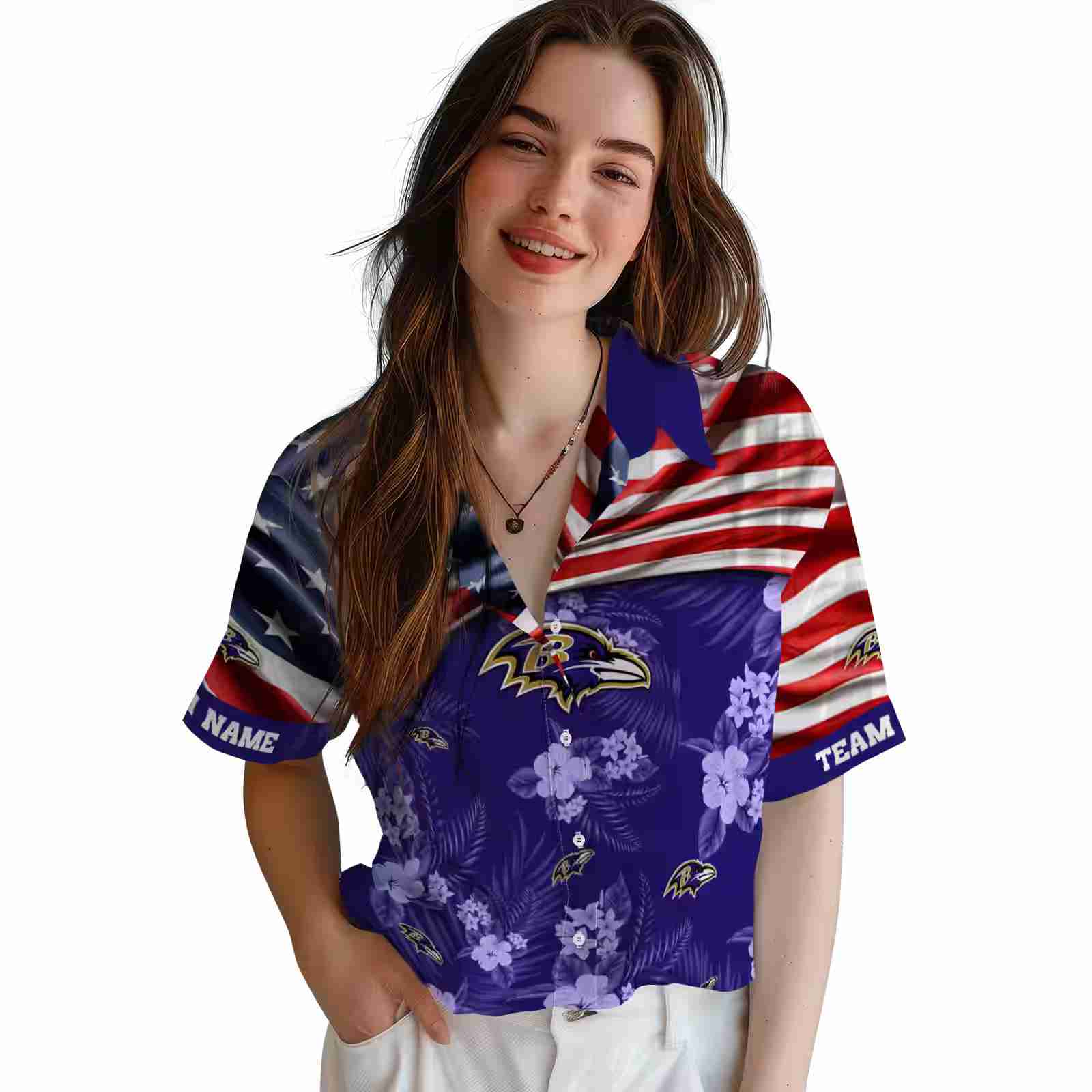 customized baltimore ravens us flag hibiscus purple hawaiian shirt latest model