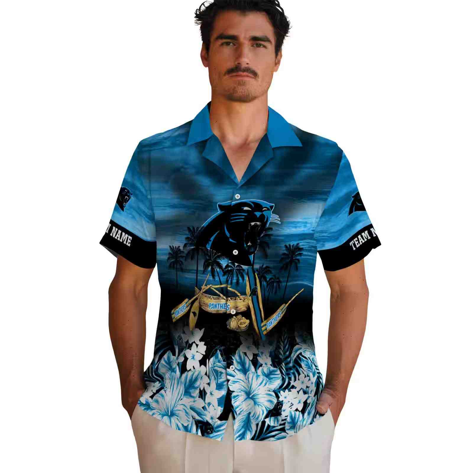 customized carolina panthers tropical canoe blue hawaiian shirt fashion forward