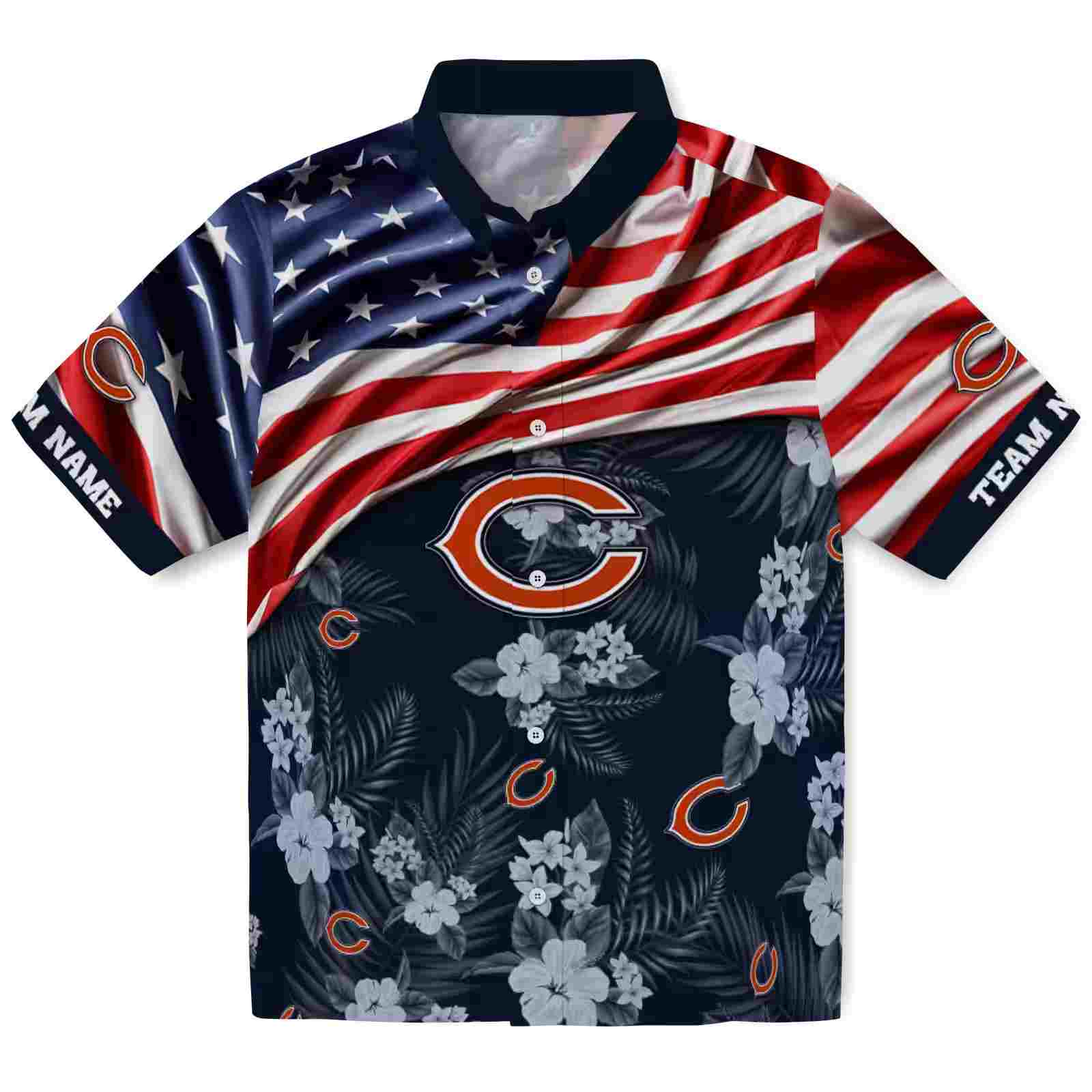 Customized Chicago Bears US Flag Hibiscus Blue Hawaiian Shirt