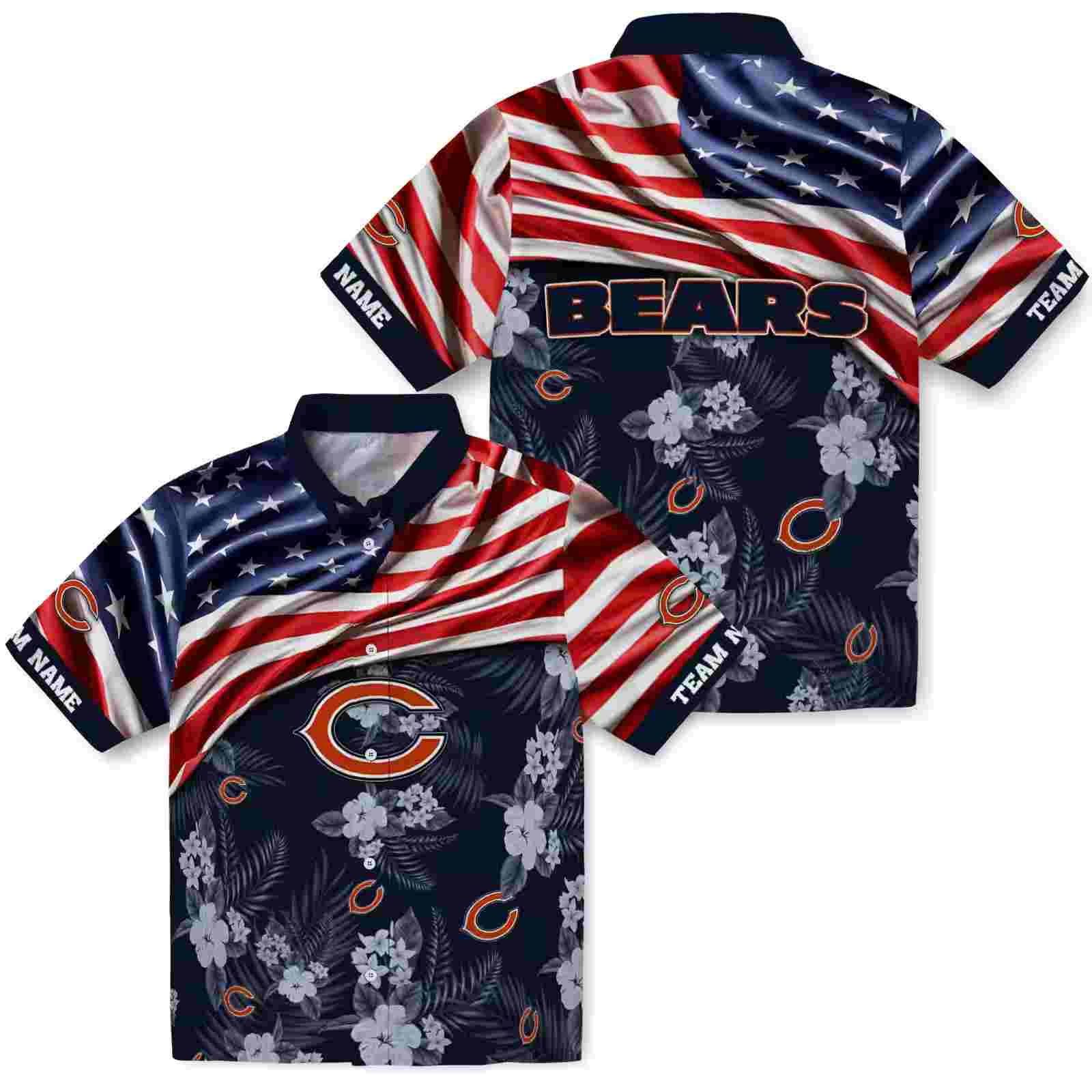 customized chicago bears us flag hibiscus blue hawaiian shirt high quality