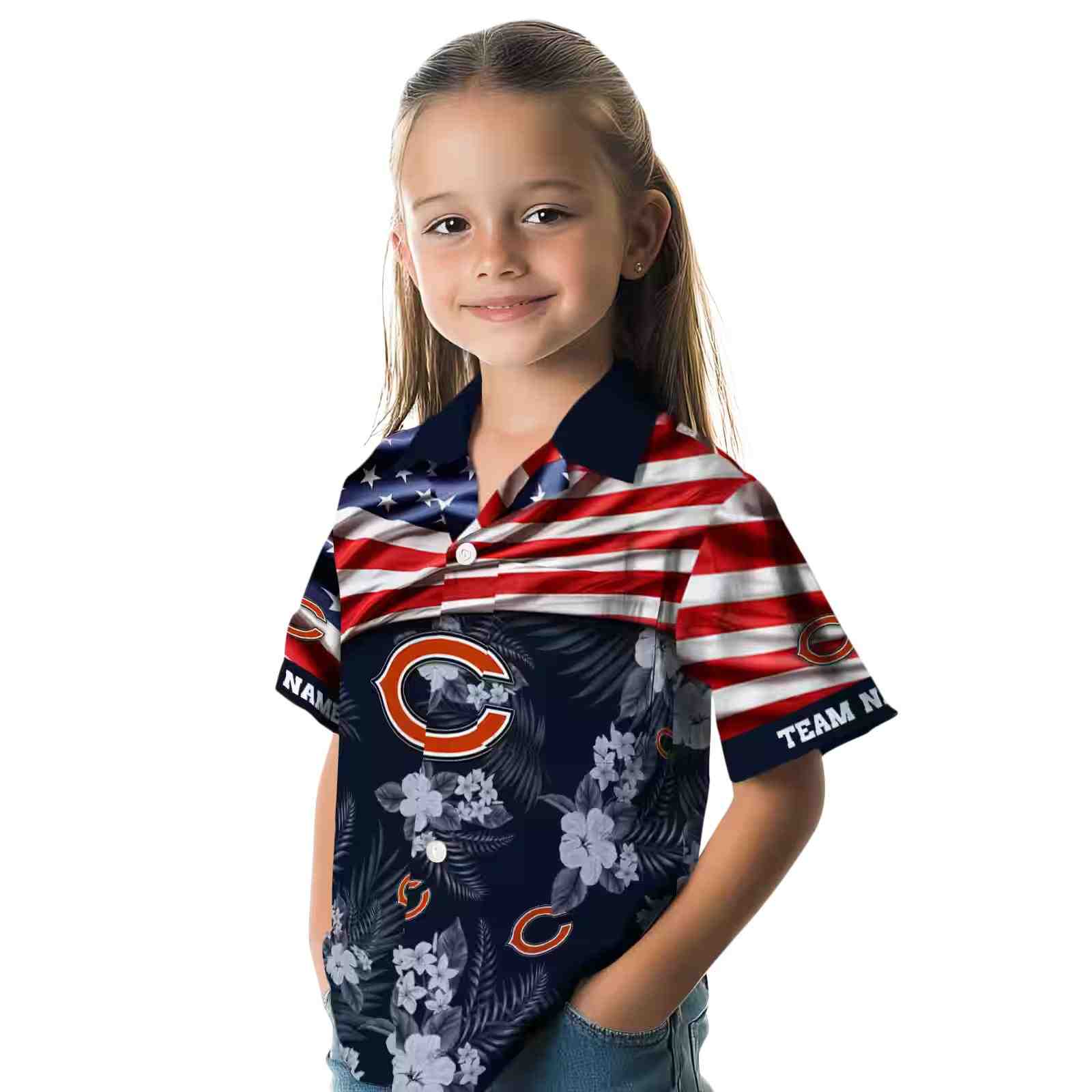 customized chicago bears us flag hibiscus blue hawaiian shirt premium grade