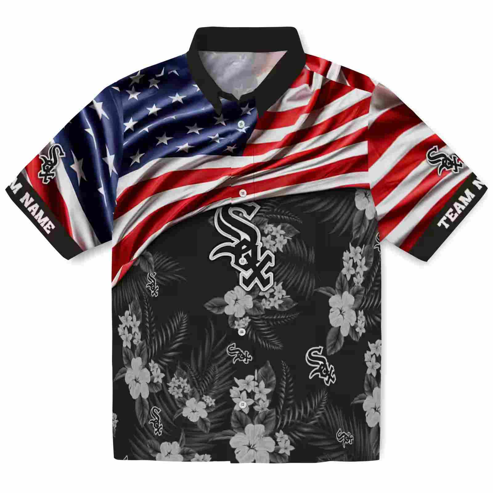 Customized Chicago White Sox US Flag Hibiscus Black Hawaiian Shirt