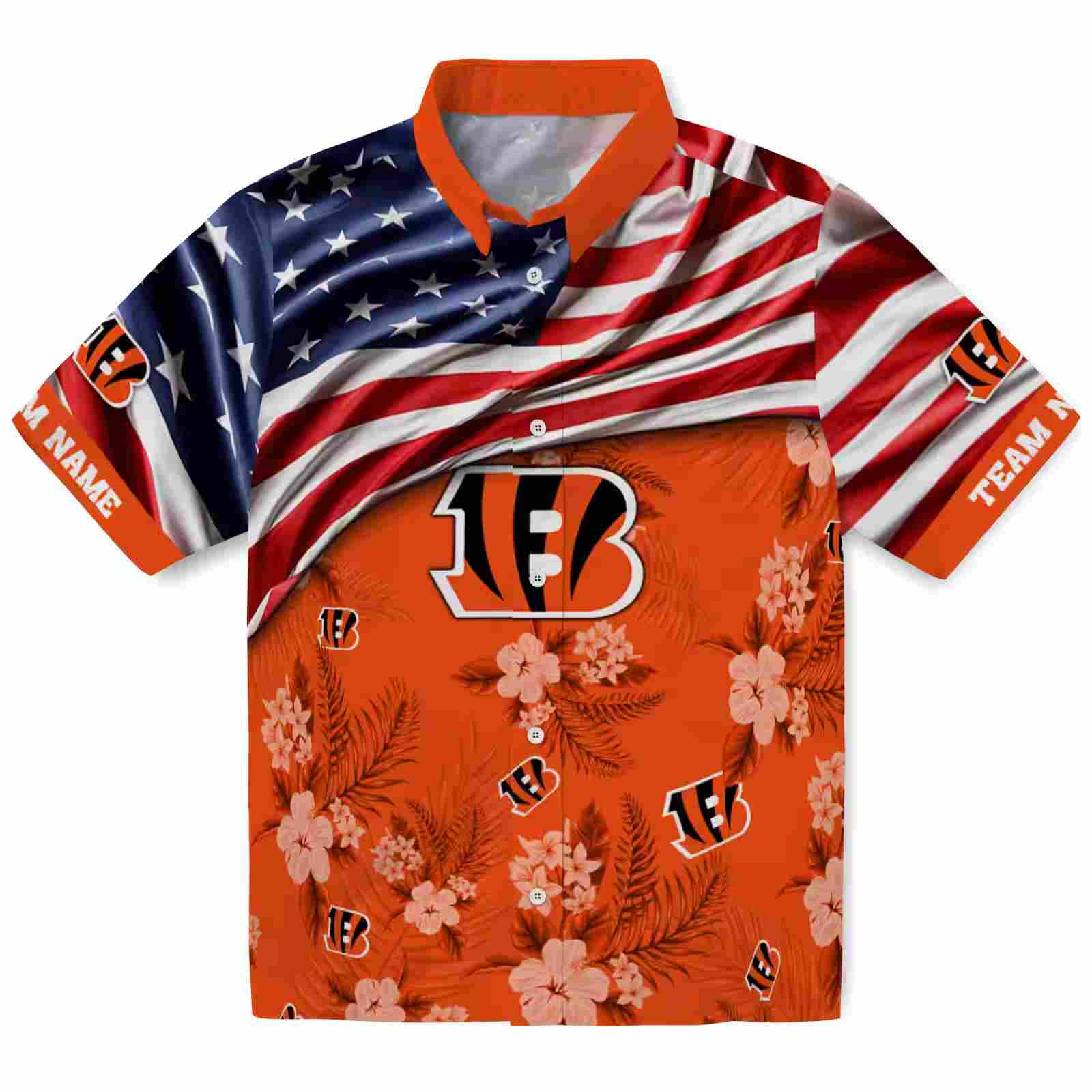 Customized Cincinnati Bengals US Flag Hibiscus Orange Hawaiian Shirt