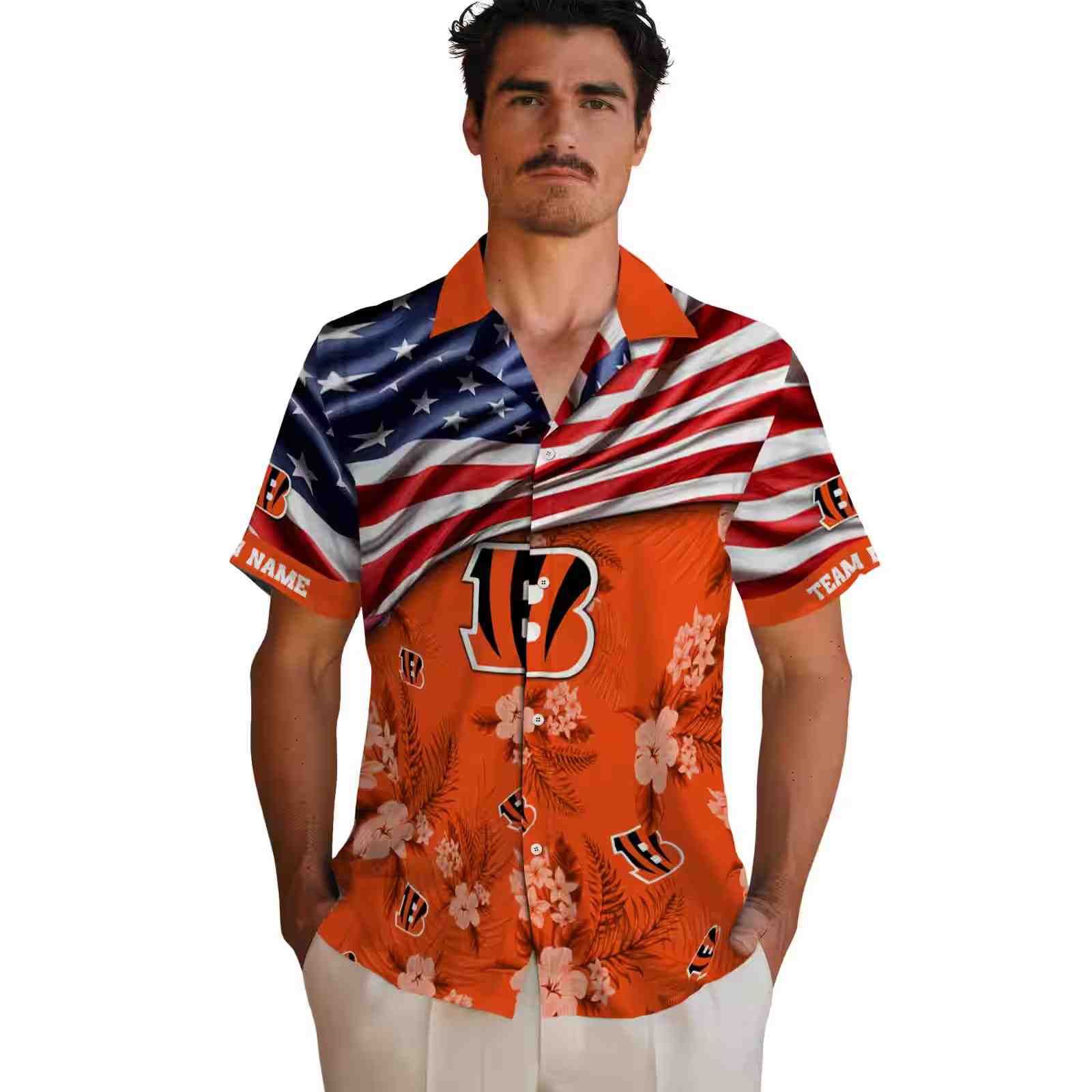 customized cincinnati bengals us flag hibiscus orange hawaiian shirt fashion forward