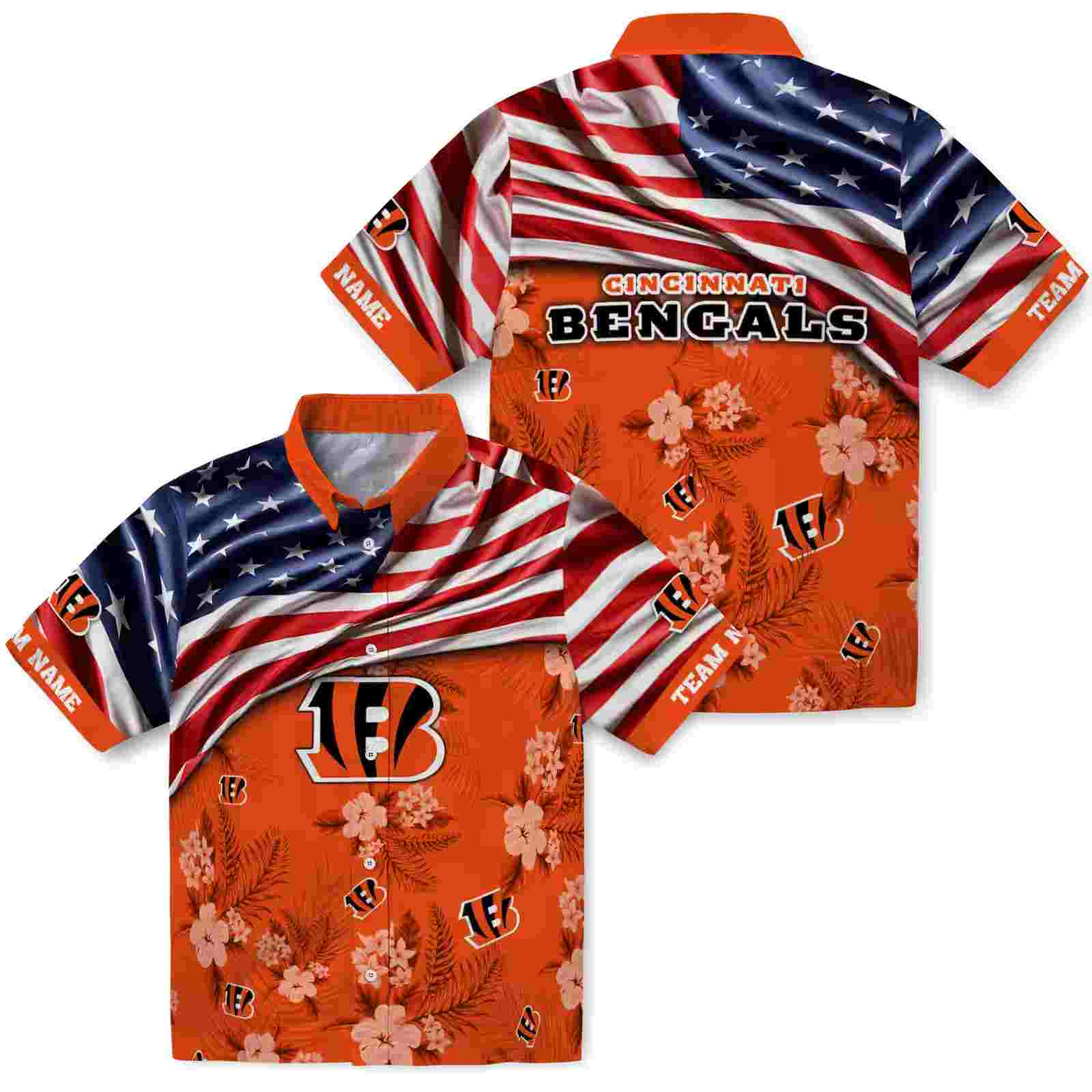 customized cincinnati bengals us flag hibiscus orange hawaiian shirt high quality