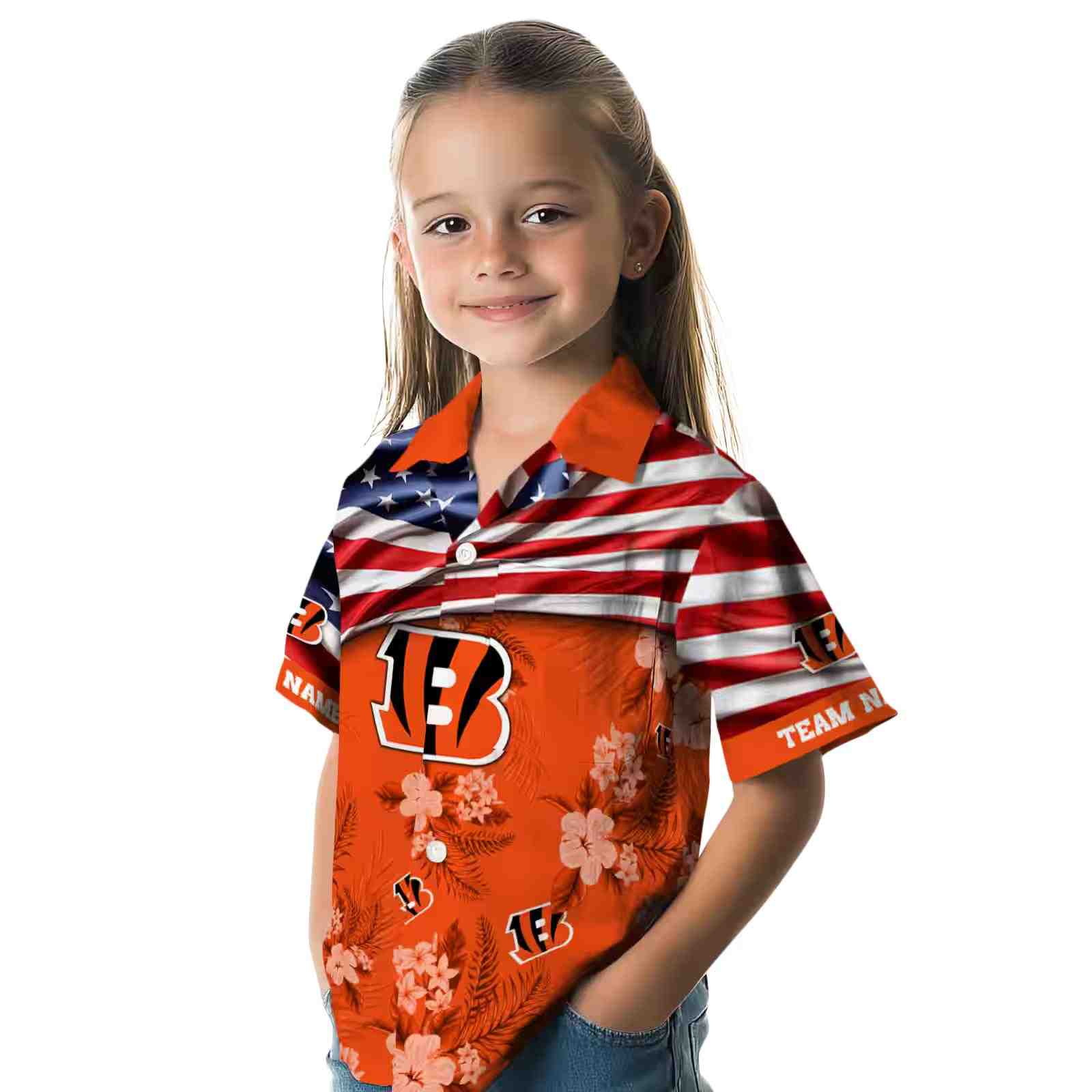 customized cincinnati bengals us flag hibiscus orange hawaiian shirt premium grade