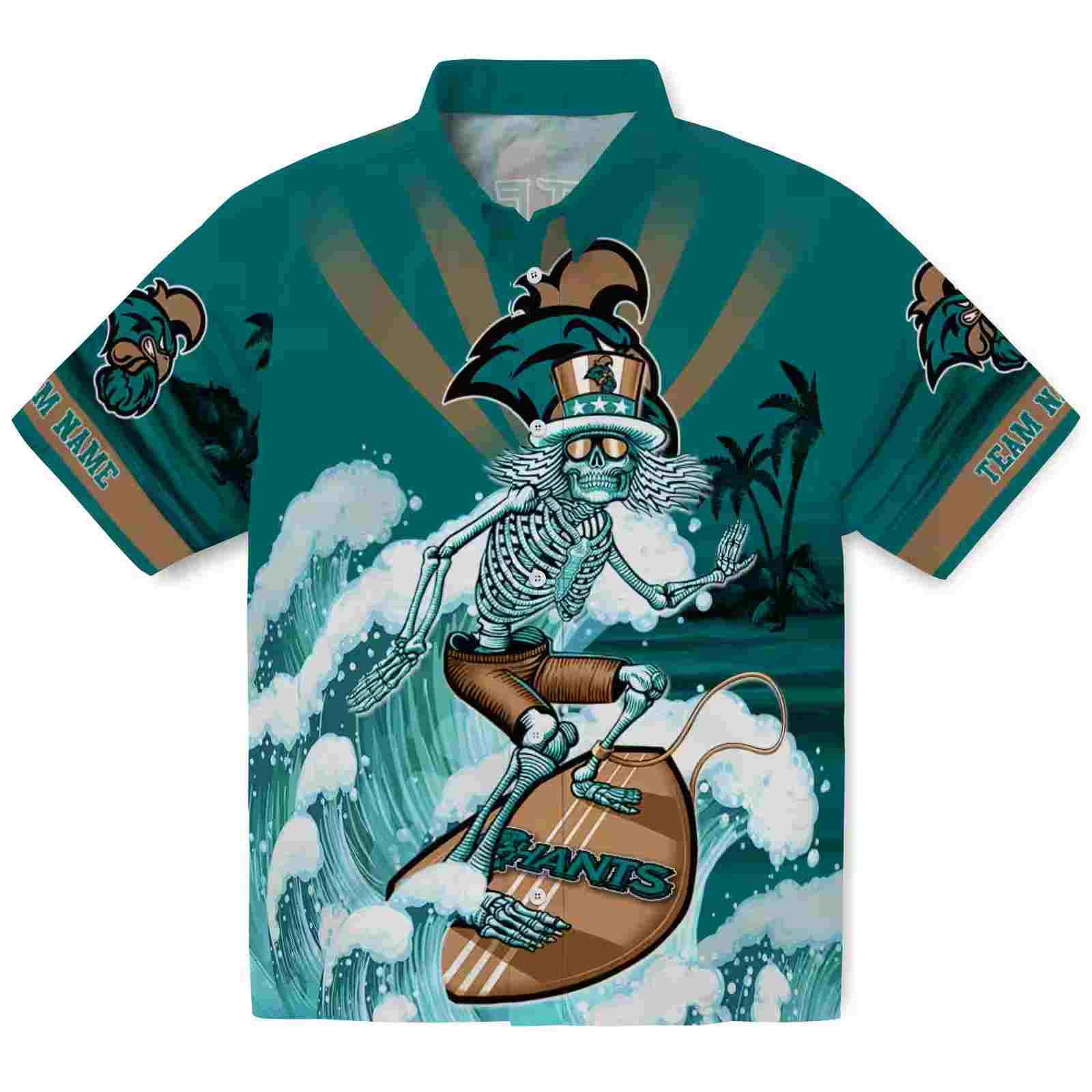 customized coastal carolina chanticleers surfing skeleton green blue hawaiian shirt best selling