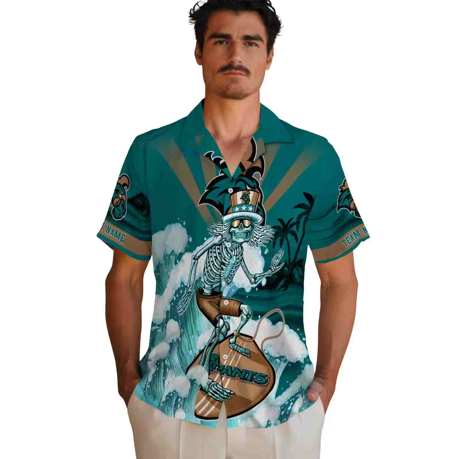 customized coastal carolina chanticleers surfing skeleton green blue hawaiian shirt fashion forward