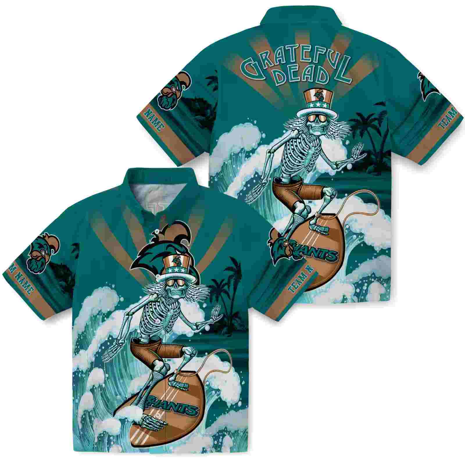 customized coastal carolina chanticleers surfing skeleton green blue hawaiian shirt high quality