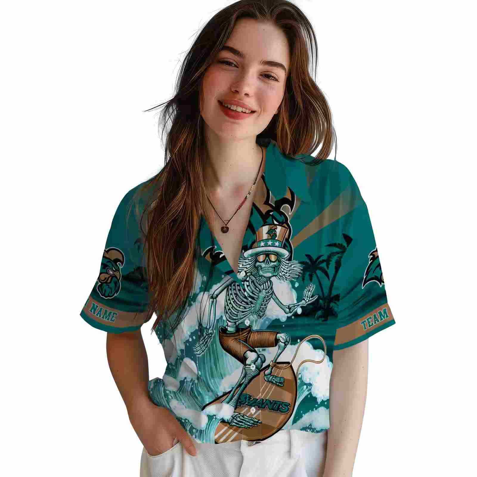 customized coastal carolina chanticleers surfing skeleton green blue hawaiian shirt latest model