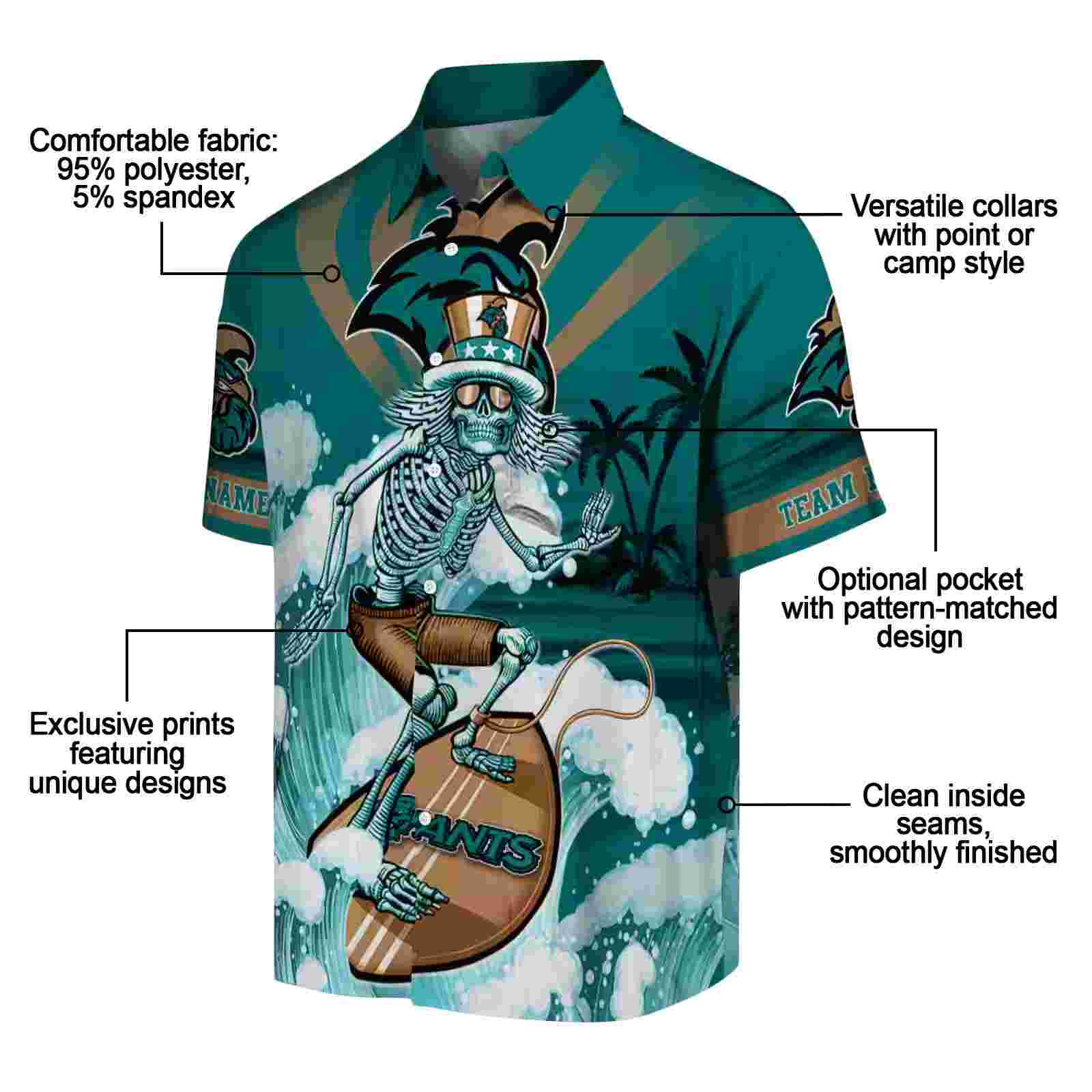 customized coastal carolina chanticleers surfing skeleton green blue hawaiian shirt new arrival