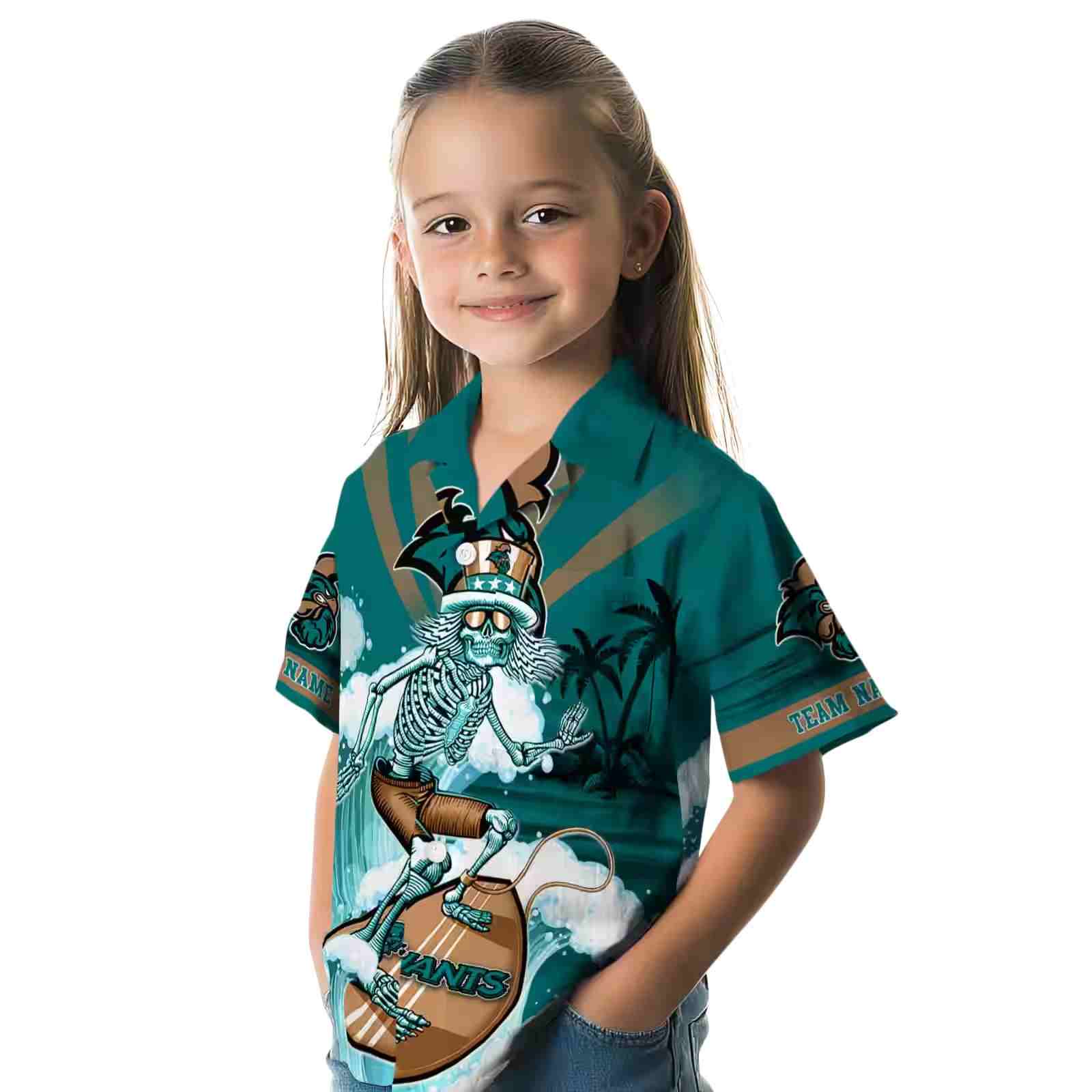 customized coastal carolina chanticleers surfing skeleton green blue hawaiian shirt premium grade