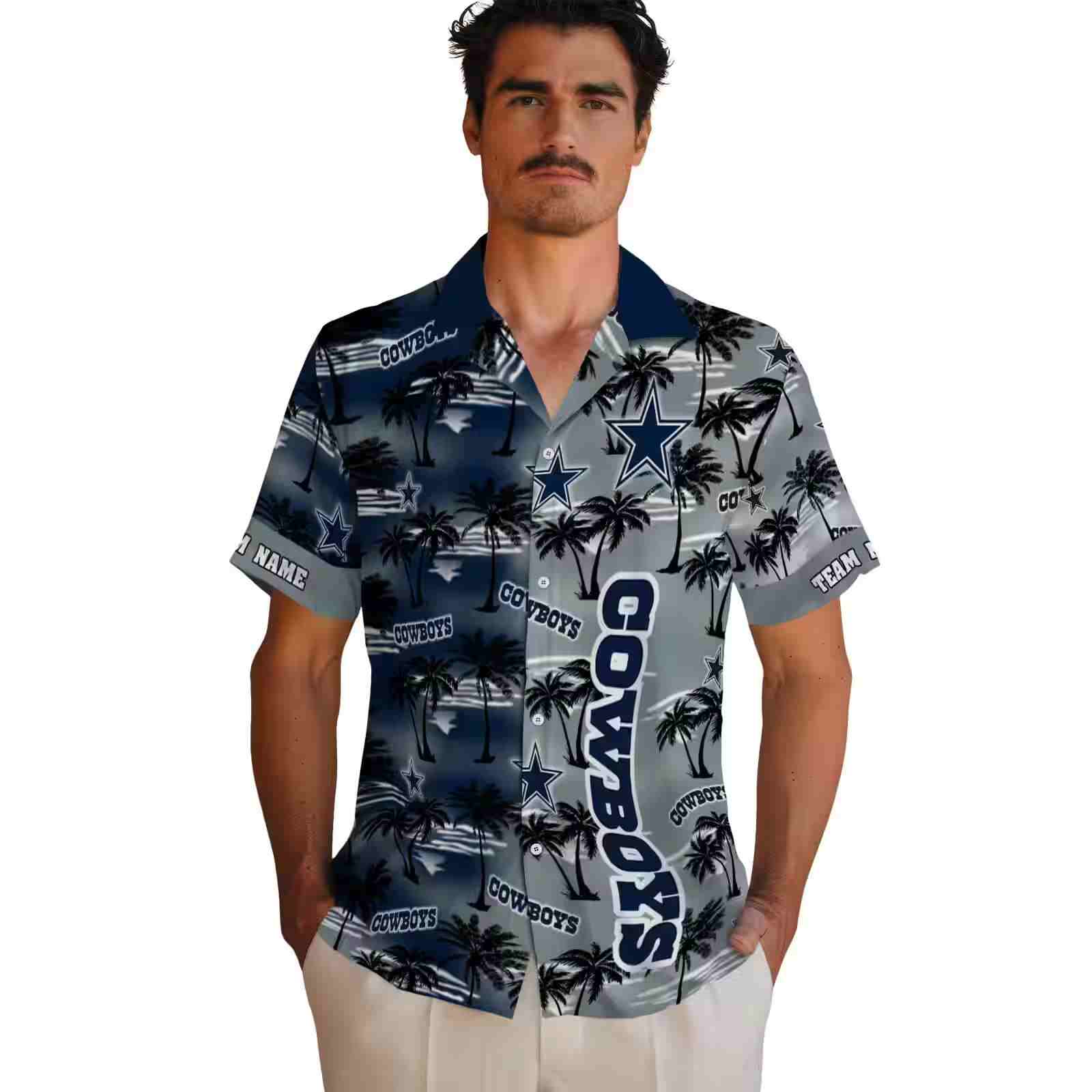 customized dallas cowboys palm silhouettes blue hawaiian shirt fashion forward